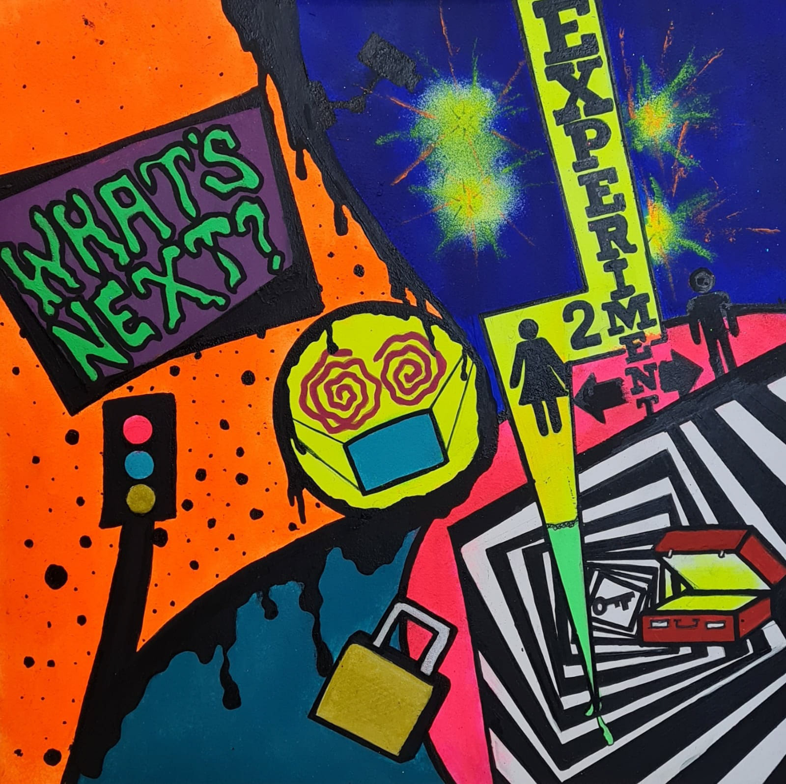 “Masked”, acrylic on board, 33 x 33 MP13TZ @mp13tz Masked depicts a snapshot in time of how the lockdown and pandemic have made me feel, both in terms of anxiety and a feeling that we are somehow being manipulated using fear. I've strongly felt that as though we are part of an experiment or ruse to obtain increased control over the population. Fear is a powerful motivator for those in a position of power to use to make people comply, fearing for their safety if they refuse. We have been turned against each other through debate regarding vaccinations and mask wearing, literally kept apart through lockdowns. Divide and conquer continues to come to mind. Masked also explored the feeling of a loss of identity, both from having to cover our faces to being locked down, often alone for many people.