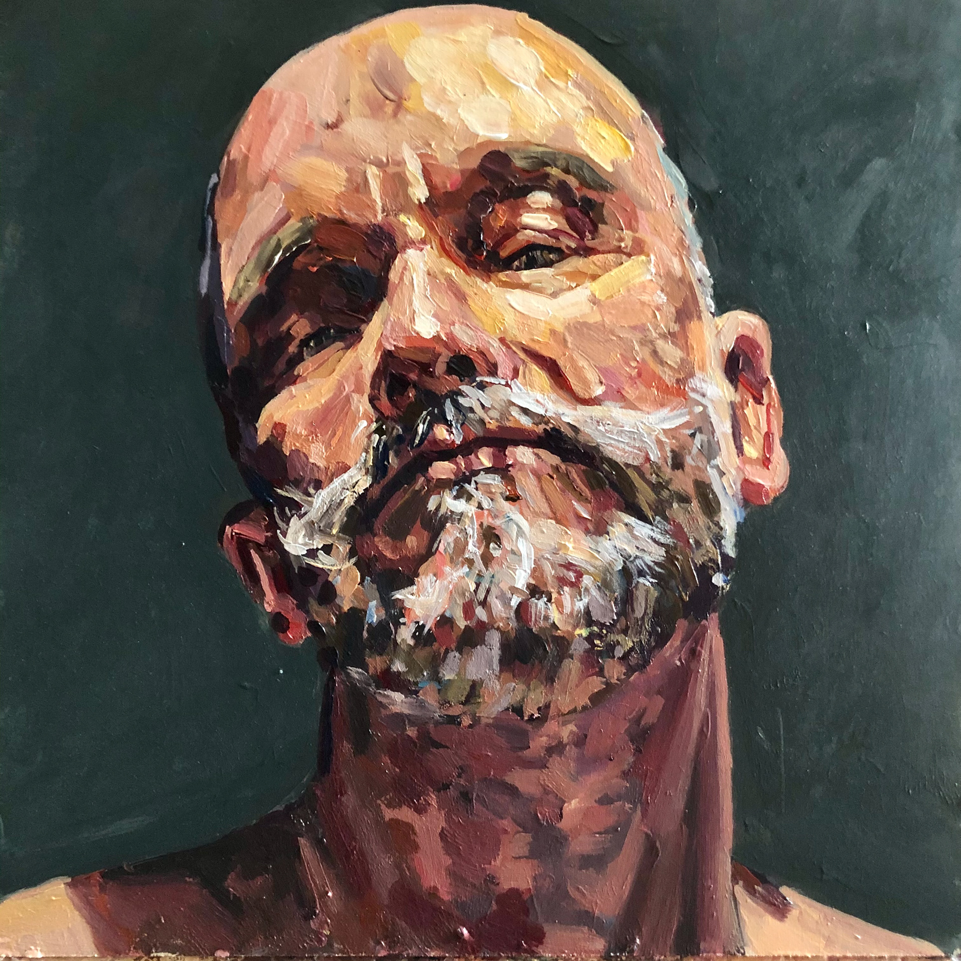 “Self portrait in dramatic light, looking down”, Andy Sylvester, 2021 Acrylic on board, 30 x 30 cm