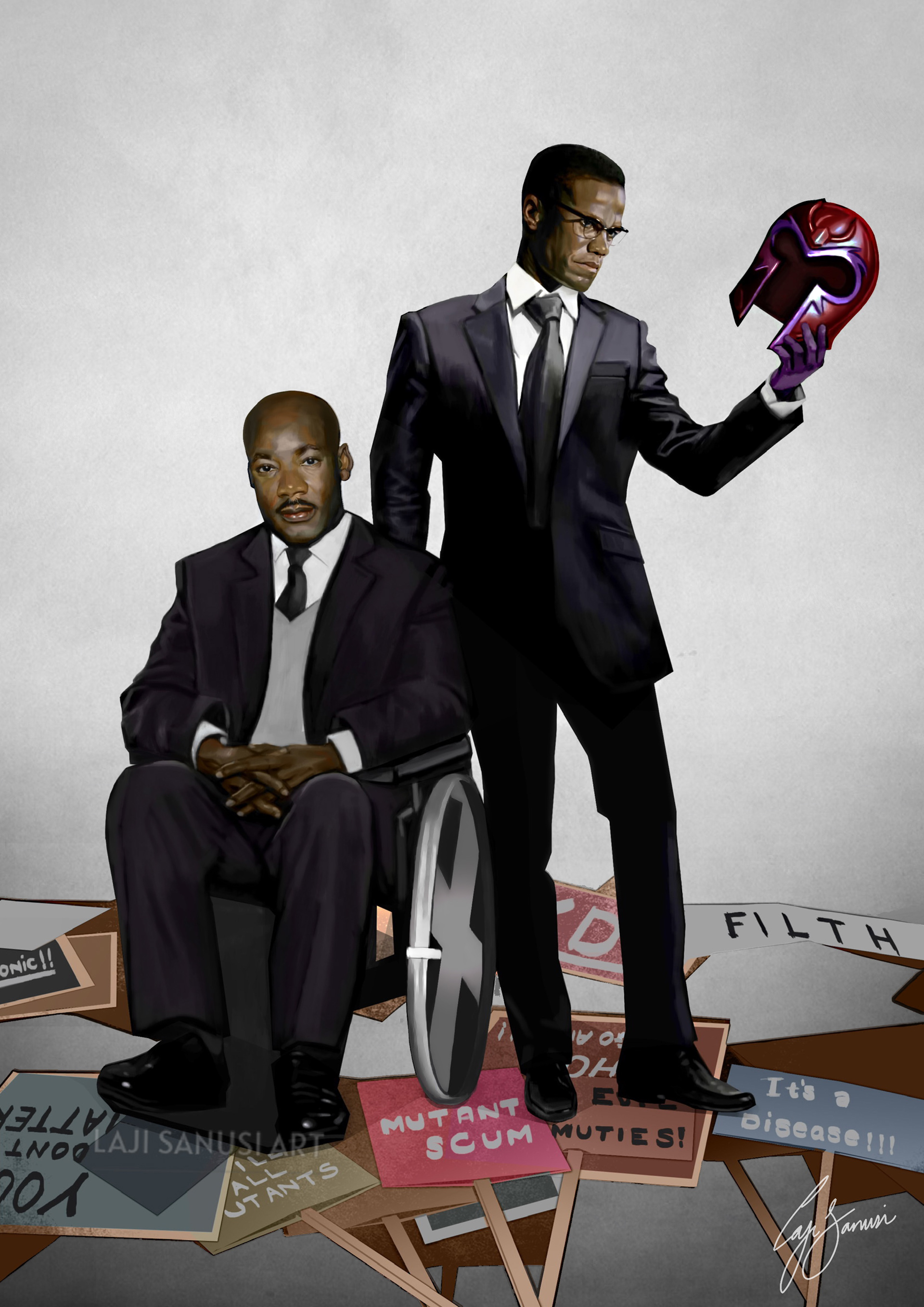 “It Ends Here”, Digital art, A3 Laji Sanusi Lajisanusiart.com @lajisanusiart Digital painting (2021) The incredible Malcolm X and Martin Luther as comic book figures Magneto and Professor X.