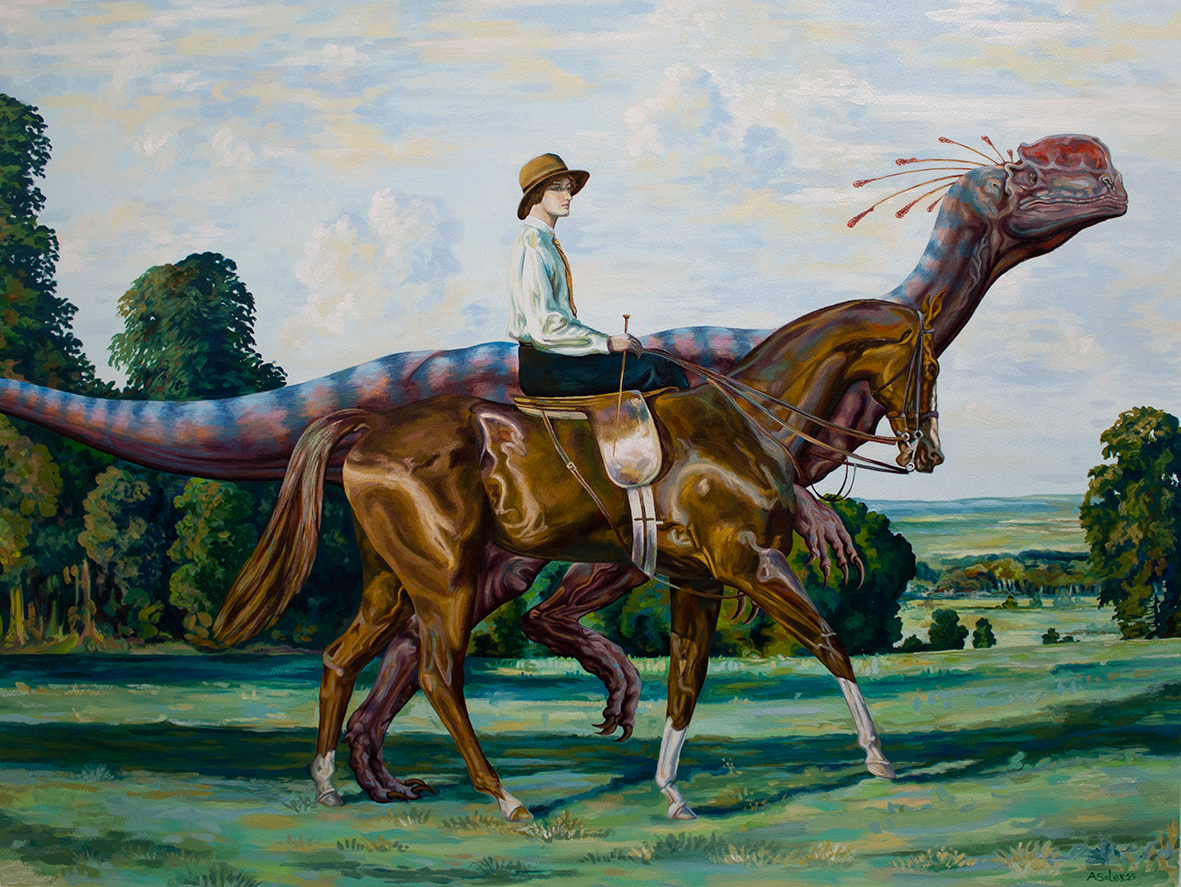 “Two Crested Lizard” Andrew Sales, oil on paper, 2025 “This painting belongs to a body of work exploring time, with the positioning of organisms separated by millennia. It questions the brevity our culture has existed on earth and how our existence is but a tiny moment in relation to the age of the planet and the creatures that existed before us. The painting also investigates the idea of power and beauty in oil painting. Equine art has a certain elitism and class culture associated with it, so the inclusion of a prehistoric dinosaur is intended to move the viewer into a state of unease at where we are going and what we see as beautiful and important.” https://www.andrewsales.net/ @andrewsales 