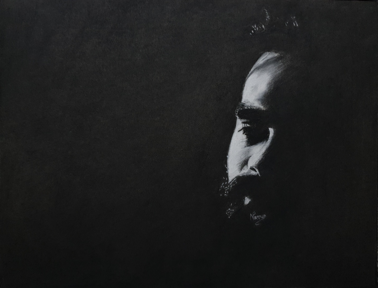 “Meditation” Nigel Proud, 2022 Charcoal and Black/White pastel pencil, 28 cm x 35.5 cm