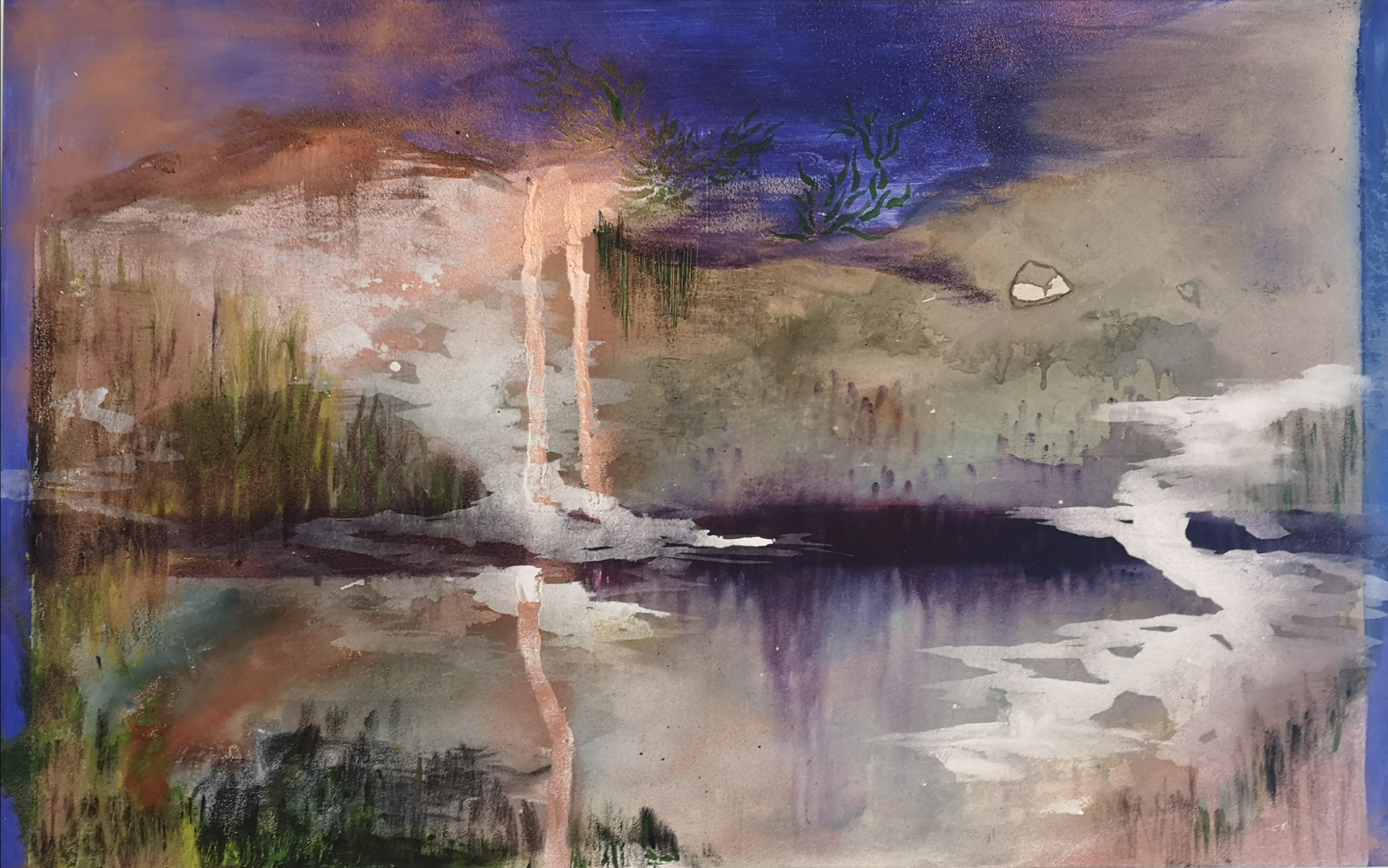 ‘’Untitled’’ Lauren Ciara McCullough, Ink, Oil and Acrylic on Canvas, 2020 “This piece was birthed from lockdown, it is an image forged from fragments of a day. My mind collects subtle moments and motifs into a single image. The image I collage together tends to draw reference from only the natural, the organic scape and creation. I see blue, purple, river, and branch. I find a sense of somnolence there, where anxiety cannot consume and there is breath. This image prayerfully and reflectively forged depicts the place of the balance of living and majesty were serenity, purpose and self-awareness can be found. This image during lockdown was my focus, this image embodies the sublime.” @laurenciara_art www.laurenciarafineart.com