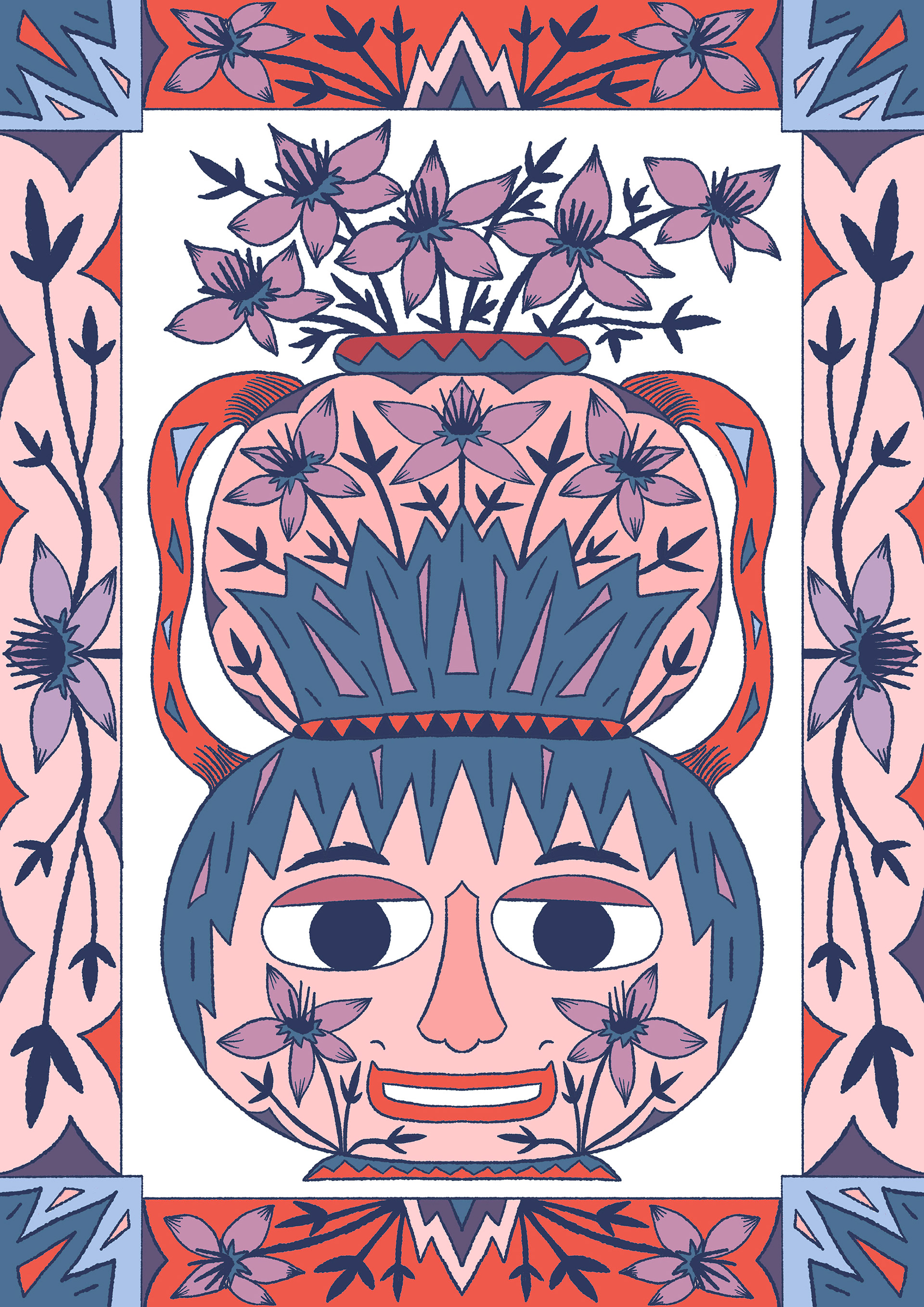 “Flower Face Vase #7” Jennifer Hines, Riso Print, 2026 “Flower Face Vase combines human-like characters with plant and flower elements as a springboard to delve into our relationships with nature and play with ideas of traditional portraiture. This is part of a series of risoprints that explore the characters in a quirky and joyful way, combining flower drawings and characters into a vase-like form sprouting with blooms and surrounded by a decorative frame, subverting ideas of traditional portraiture while giving a whimsical representation.” www.jenniferhines.design and @abctypography 