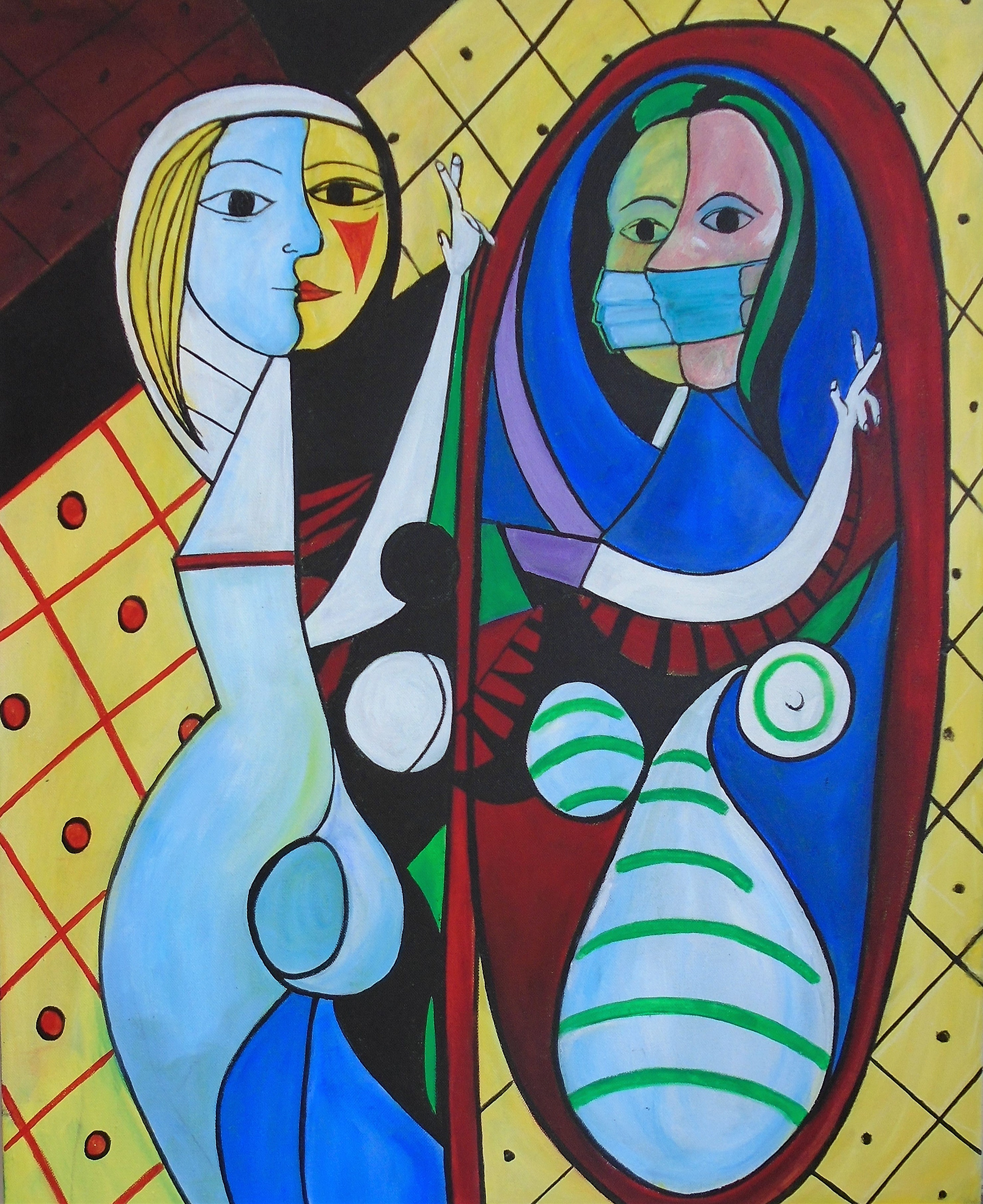 ‘’Past and Present’’ Mary Rouncefield, acrylic on canvas, 2020 ‘’Painting created in the first spring-time lock down in acrylic paint on canvas. Entitled 'Past and Present' it shows a woman in the past, carefree, without her mask, and in the present, wearing one. Dimensions 60cm wide x 76 cm long.’’ More of Rouncefield’s can be viewed here: www.maryrouncefield.co.uk facebook : @maryrouncefield
