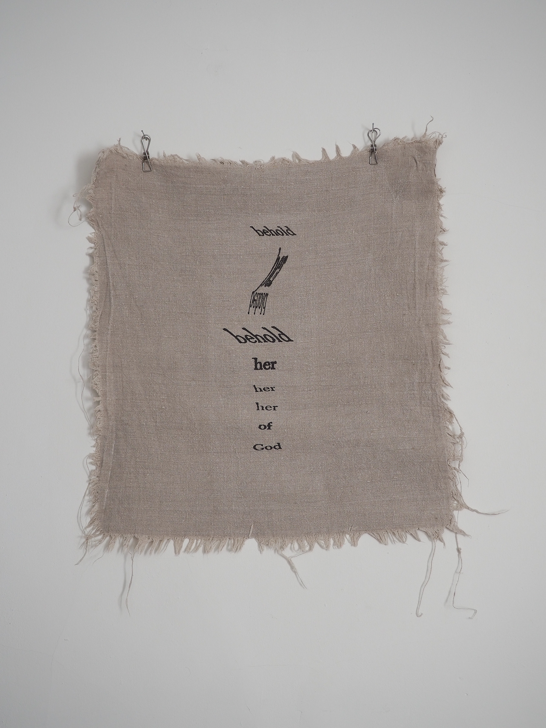 “Bioregional Dialect: Automatic Verse in Iron Gall Ink” Helen Armstrong, Textile/Screen-print/Pigment Making, 2026 “A selection from an extensive series of cut-up poems that have been screen-printed onto raw organic linen using a historically accurate adaptation of a 16th-century iron gall ink recipe.  (more info on my website https://helencarmstrong.com/projects/bioregional-dialect-iron-gall-ink and also https://helencarmstrong.com/projects/irongallink)  This work is a text-based inquiry that employs the cut-up technique and a combination of digital and analogue manipulation to destabilise and reconfigure an archaic text.  Utilising a re-creation of a historic ink made from locally foraged oak galls to carry the words, the process opens up opportunities for dialogue with unauthored voices. By deconstructing and reassembling source material, an opportunity arises to peer behind the veil between personal perception and non-human agency. Through this process, ultimate control over the outcome is surrendered to facilitate the becoming of chaos, randomisation, and the other, inviting the beholder to decode a broken language.” https://helencarmstrong.com 