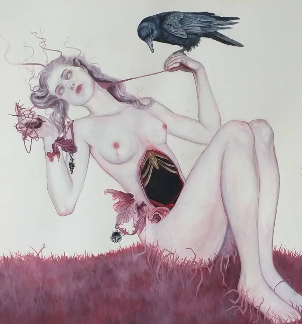 “Human fruit and carrion crow”, acrylic, a3 Isobel Robson @robsonisobel Self-portrait. Exploring a five-year period attempting to recover from anorexia, made much more challenging because of the isolation of lockdown.