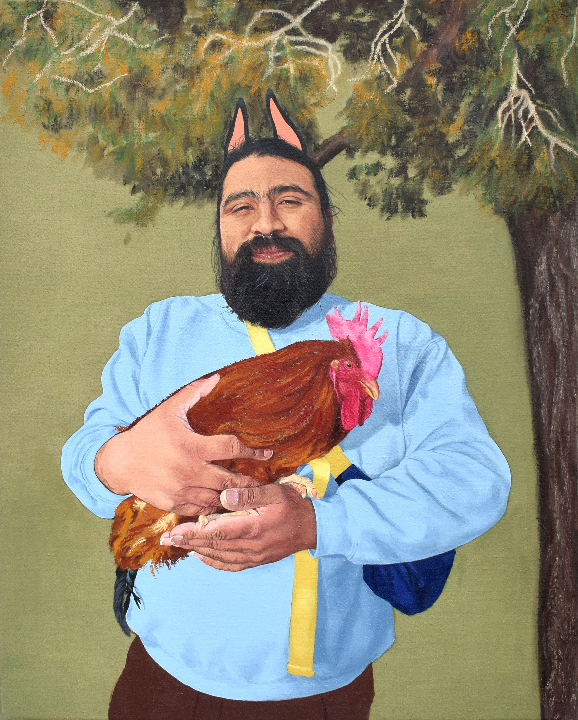 “El Gallo” Zully Mejía, Oil and oil stick on linen, 2026  “In El Gallo (The Rooster), Mejía depicts a friend in a state of serenity, utilising body language and bold colour to convey confidence and joy. The portrait is a celebration of the sitter and was created in dialogue with them. The work presents an exploration of identity in relation to nature. The presence of the rooster evokes a reconsidering of conventional associations within the context of gender and culture.”  www.zullymejia.com