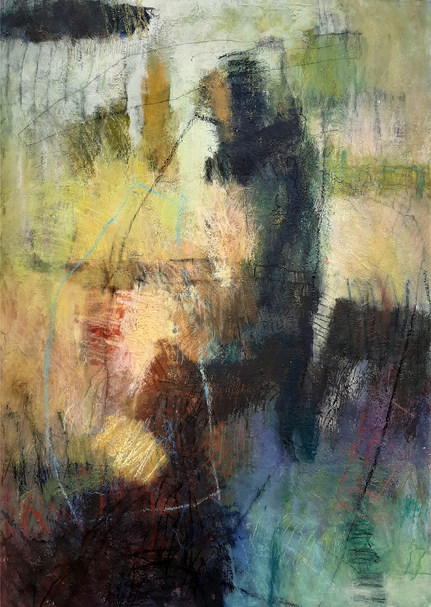 “Looking Beyond”, Acrylics and drawing materials on paper, 41.5 x 59cm Lynne Chapman www.lynnechapmantextiles.co.uk @lynnepencil Created during 2020, 'Looking Beyond' references the dark times of the initial lockdown and our hopes for brighter times in the near future.