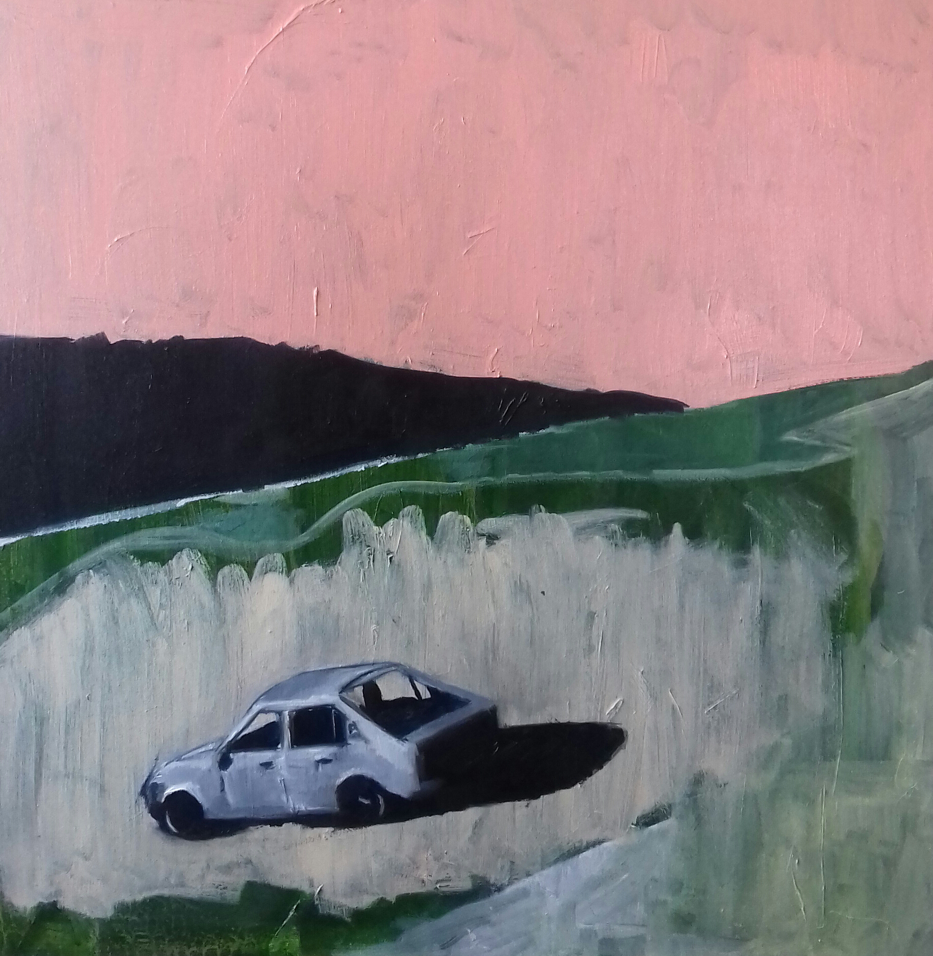 “Abandoned car”, Oil on canvas, 50 x 50 Lee Shott www.LeeShott.com @leeshott Abandoned car on the mountainside at dawn combined with abstract shapes and vibrant bold colors.