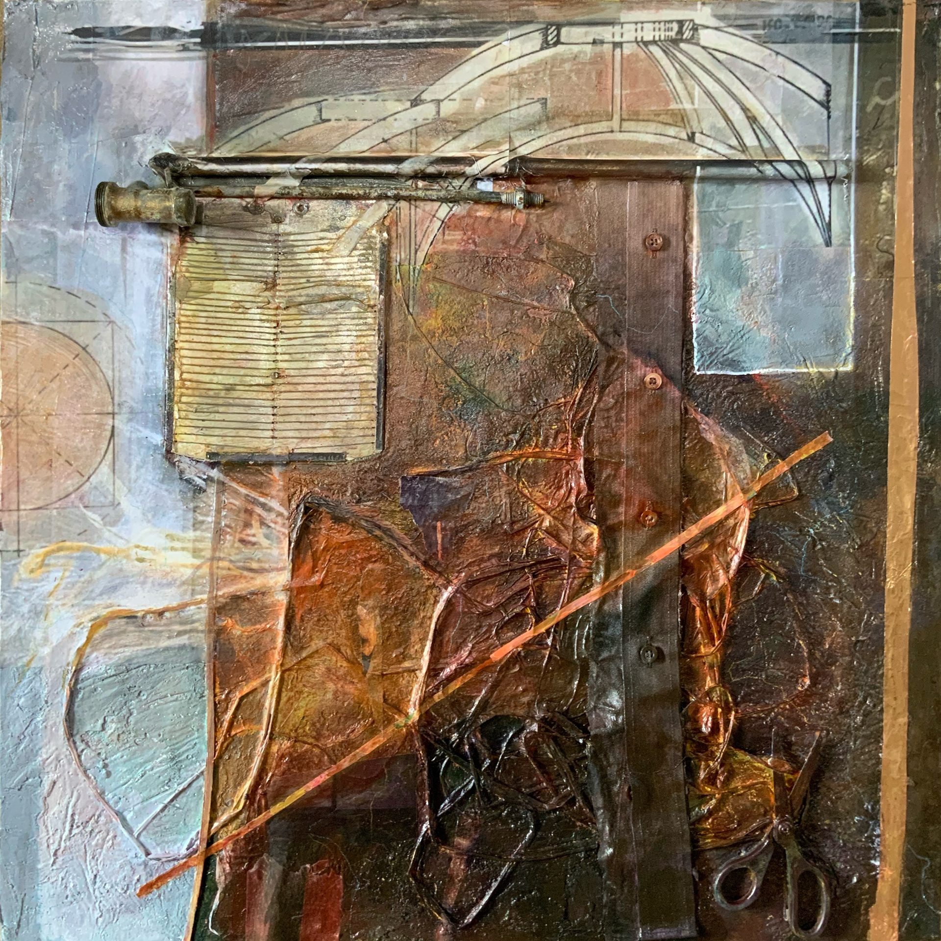 “Structured Chaos”, Acrylic medium, mixed media, collage and assemblage on cement on canvas, 60 cm sq. Martin Field martin-field.com @m.artin.field This piece is part of a series dealing with binary situations. Since 2016 I have explored the notion of a binary status in many different contexts. This piece plays on the idea of structure or chaos. The abstract textures, embedded objects and collage are intended to be evocative, suggestive and at the same time aesthetically pleasing.