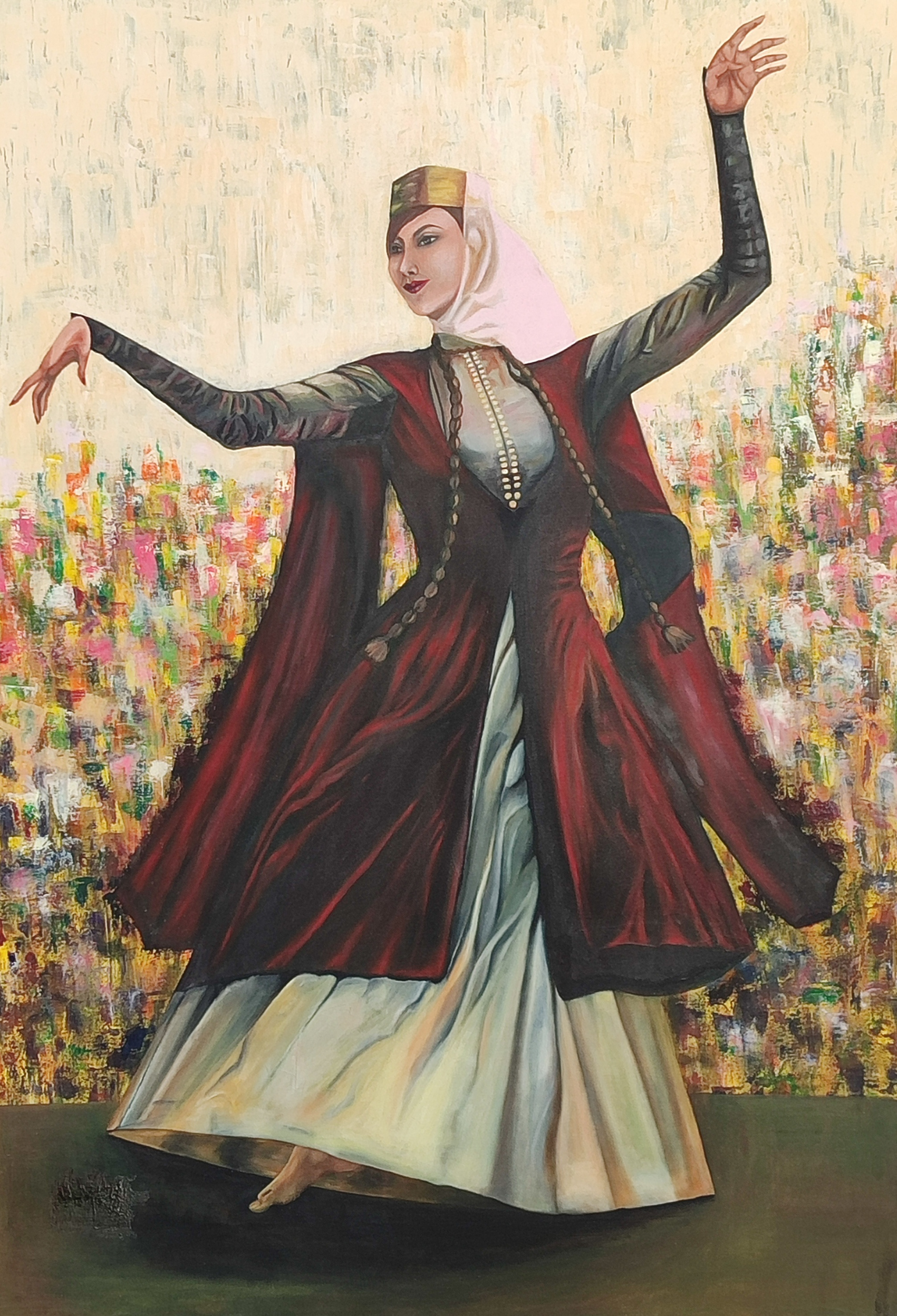 “The Dance” Bahar Talebi Najafabadi, Oil on canvas, 2024 "The Dance" presents a striking exploration of movement and heritage, centered on a figure captured in a moment of classical poise. The composition is anchored by the dancer’s fluid gesture—one arm reaching toward the heavens while the other extends with refined delicacy. This pose, synonymous with traditional Persian dance, conveys a sense of "naz," or elegant playfulness, transforming the canvas into a silent performance that feels both ancient and immediate. The subject is adorned in meticulously rendered traditional attire, reminiscent of the Qajar era. The deep crimson of the "arkhaloq" (the long-sleeved jacket) provides a bold focal point, its weighted fabric contrasting beautifully against the light, voluminous folds of the white skirt. The background offers a sophisticated, impressionistic counterpoint to the realism of the dancer. Using a dappled, textural technique, a field of vertical strokes and soft colors is created and suggest a crowded hall or a sun-dappled garden without distracting from the main subject. This shimmering backdrop gives the piece an ethereal quality, as if the dancer is momentarily suspended in a world of light and color, separated from the physical constraints of a stage. Ultimately, this 70×99 cm oil painting serves as a bridge between the past and the present. By translating a photograph into this large-scale oil work, I have elevated a fleeting moment into a permanent celebration of cultural identity. The interplay between the sharp focus on the traditional garments and the dreamlike abstraction of the background ensures that "The Dance" is not just a portrait of a person, but a portrait of a living history.” Instagram: The.summer.collection