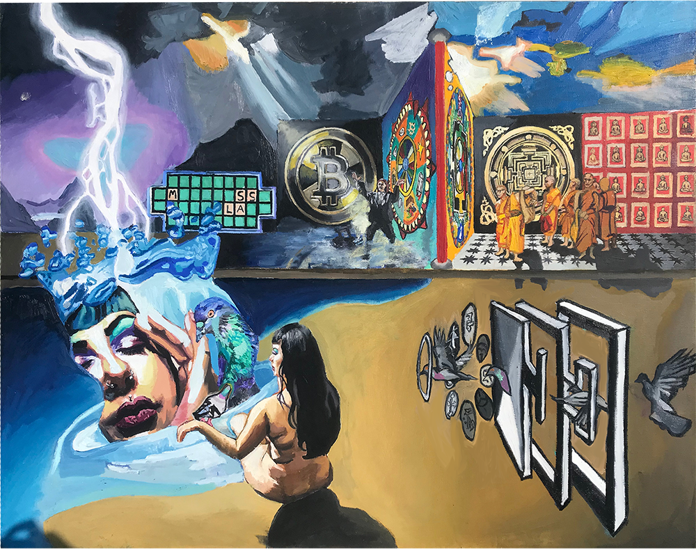 “Pigeon Eyeshadow”, oil on canvas, 120 x 90 cm Beatrix Haxby beatrixhaxby.com @beatrixhaxbyartist_official Pigeon Eyeshadow depicts a tableau vivant of Western individualism and will to power vs. Eastern wisdom and intuition. As the titular double-entendre suggests, it calls on us to question our perspective, how we orient ourselves. On the right of the painting, monks stand in a cross-section of a Buddhist temple, contemplating a monumental Tibetan mandala. On the opposite side, a gameshow host is on stage with the spinner wheel landing on a winning combination, the apocalyptic light beams above from fortuitously recreating professional stage lighting.