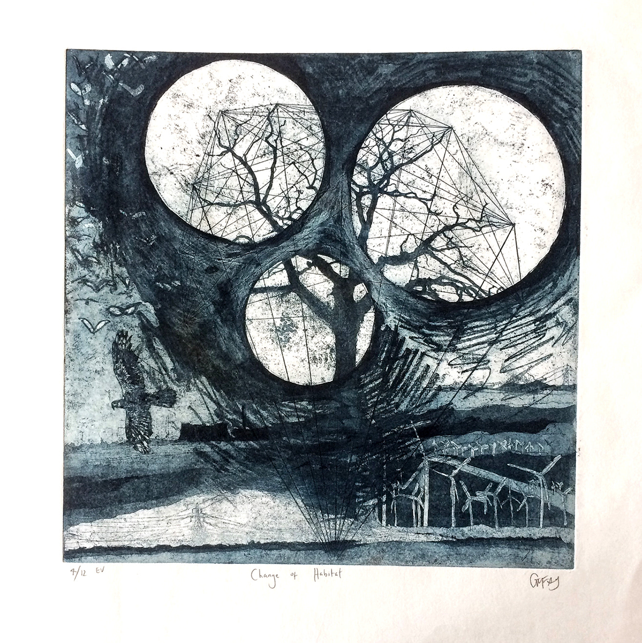 ‘’Change of Habitat‘’ Georgina Fay, etching, 2020 ‘’This layered etching began as a single dead tree, now entangled in a web created by humans: trappings of a world dominated by technology and power. Birds flee from the oncoming darkness which has started to engulf the image, making it visible only through three circular lenses - the viewfinders of a changing landscape almost beyond repair.’’ More of Fay’s work can be viewed here: www.georgiefay.com Instagram - @faygeorgie