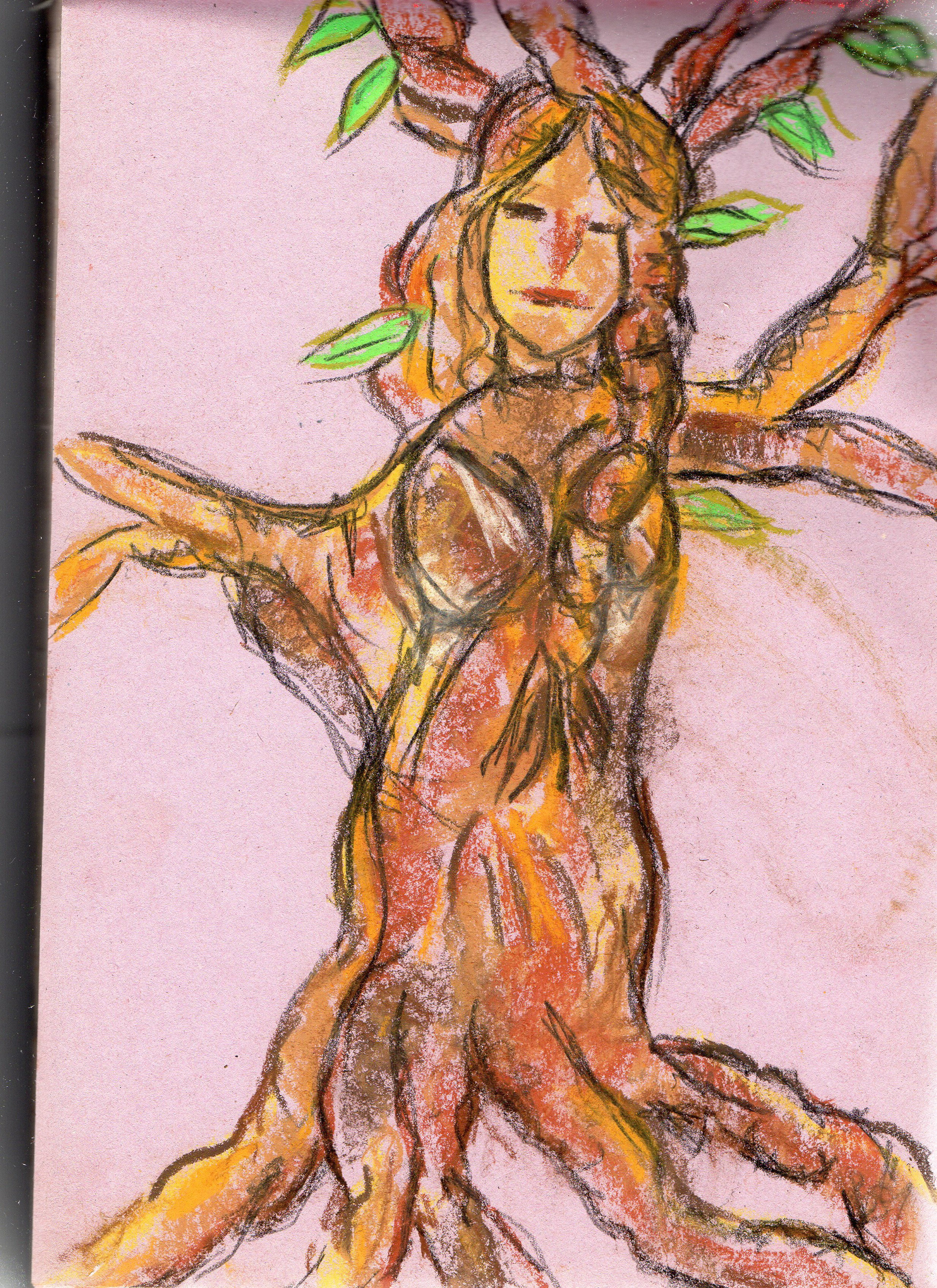 ‘’TreeMe’’ Ruth Elizabeth Hamblett, pastels, 2020 ‘’Pastel drawing of female me incorprated into a tree a moment of stilness with the environment around us during lockdown. The hair and arms become branches, body becomes tree trunk, legs and feet become roots fixed into the ground, hair becomes leaves that hang above the ground.’’ https://www.facebook.com/RuthElizabethHamblett/