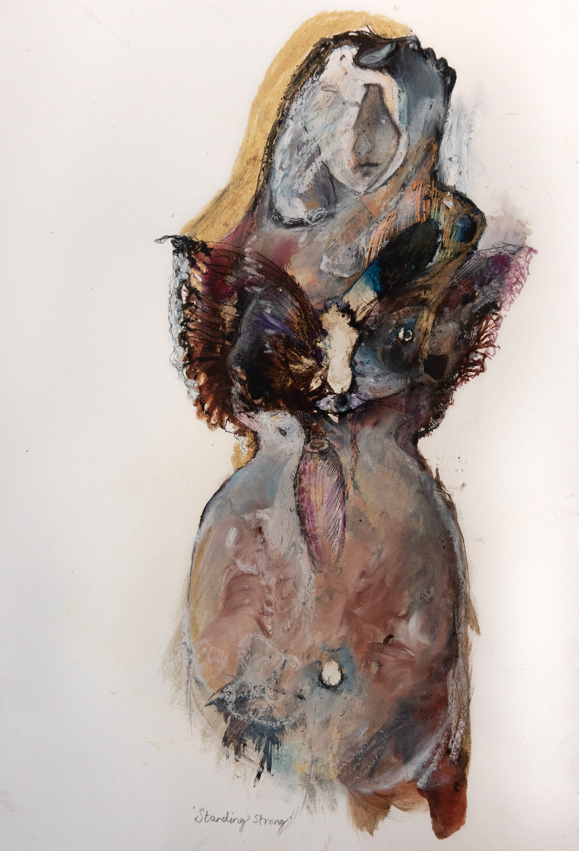 “Standing Strong & Traving Through Change” Kathy Wray, Ink, Paster and Wax on Paper, 2026 “Standing Strong - is about transformation through challenges within life and cycles of life, by allowing and having faith to trust and be strong that things pass naturally without trying to hard to avoid or change anything. Travelling Through Change - is an expression of what we carry and hold within the body with awareness and our spiritual paths of direction” https://linktr.ee/kathywrayartist
