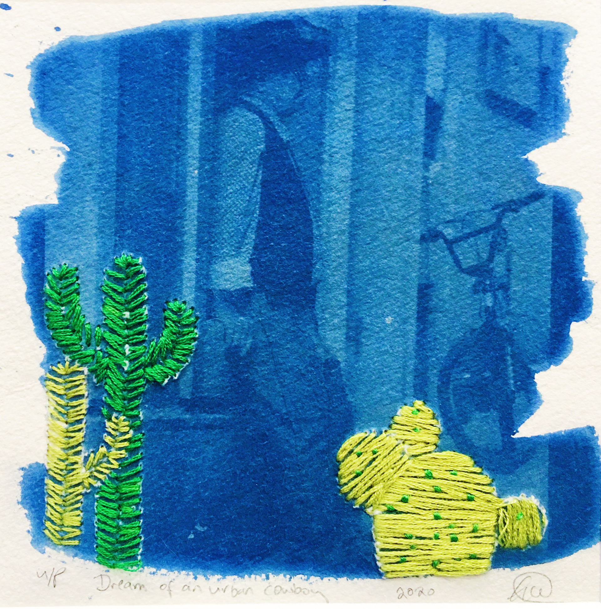 “Dream of an urban cowboy”, Cyanotype print on Somerset paper with hand stitching, 14 x 14 (image) 31 x 31 (frame) Louise wiseman Manyhats.org.uk @wiseman.louise This is a cyanotype print of a photograph I took in Arles, France. It’s not uncommon in that region to see older men sporting the ‘cowboy’ hat, checked shirt and waistcoat that speak of the area’s heritage. This man was actually running a souvenir stall, but his pensive expression made me wonder what he was dreaming of!