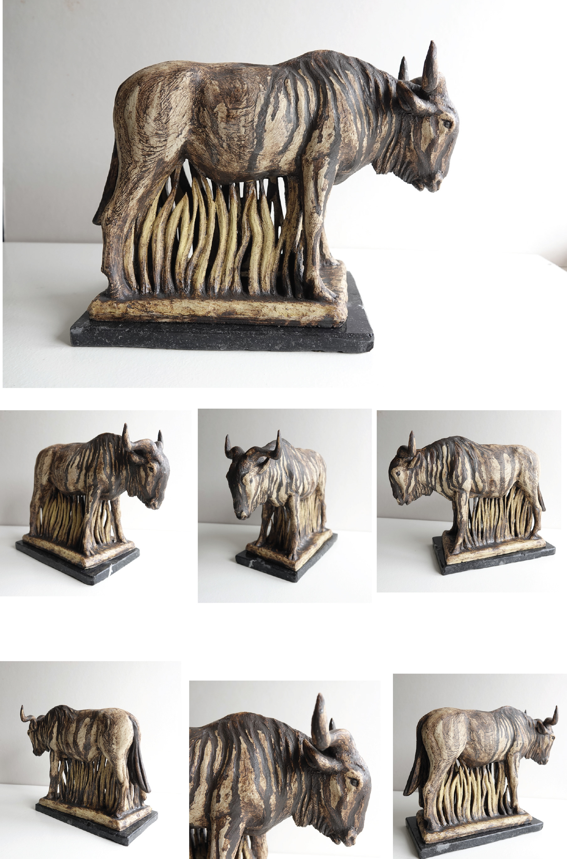 “Wild Beest” ceramic, 31 x 22 x 10cm Deborah Frith www.art2sculpture.co.uk @designedbydeborahd This is a piece of work I made this year which reflects how I have endured that last few years including lock down. It was inspired by seeing wet Wildebeest at Longleat and it struck me how out of place they looked in our english climate.