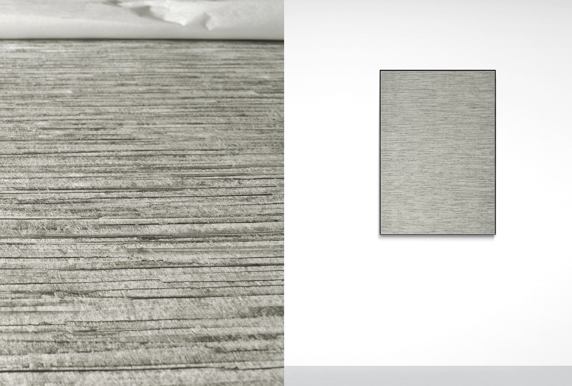 “SURFACE WORK Ratio 3:10 Dry” Oil, cold wax and graphite on paper, 100 x 70 cm Roanne O'Donnell @roanneodonnellartist The subject of my work is the process of making it, limitation, restriction, and repetition. Restricting my materials and with a strict mark-making action, I deliberately control the painfully slow development and direction. It is a twenty-year investigation. The mark is a horizontal line. The most direct I know. The substrate is paper. Binders are limited to oil and cold wax. Materials are restricted to ivory black pigment, graphite and charcoal. The physical process is the monotonous repetitive movement of making lines by bending over paper, laid flat, and drawing the line or moving my paint mixtures across the surface over and over, again and again. The concept is gemination: ”No man ever steps in the same river twice, for it's not the same river and he's not the same man.” Heraclitus of Ephesus. The work submitted is from the most recent SURFACE WORK Ratios series, a continuation of SURFACE WORK, with which I push my investigation into variations of the surfaces’ tone, dependant on the specific ratios of medium to binder. It began as a series of ten paintings on paper dividing the measurments of quantities from one part graphite to ten parts oil; less concentration of graphite creates a light surface, with a darker surface resulting from higher quantities of medium to binder. Each peice is made, as close as is possible with similar pressure, weight, movement patterns, rhythm, tempo and process with limitless characteristics.