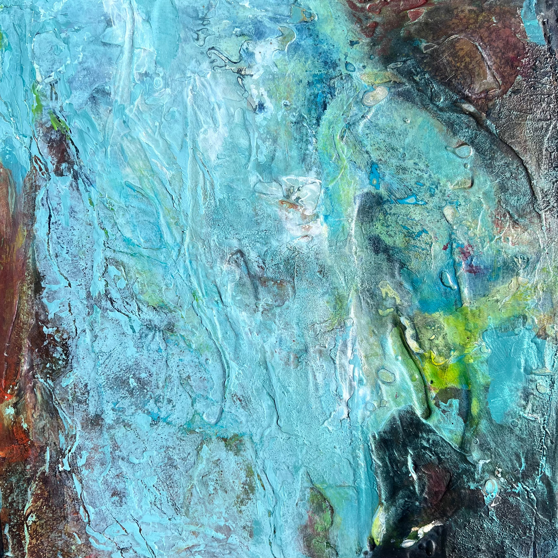 “Blue Pool, Treyarnon” Sharon Bruster, 2022 Acrylic paint, ink and plaster on board, 45 x 45 cm