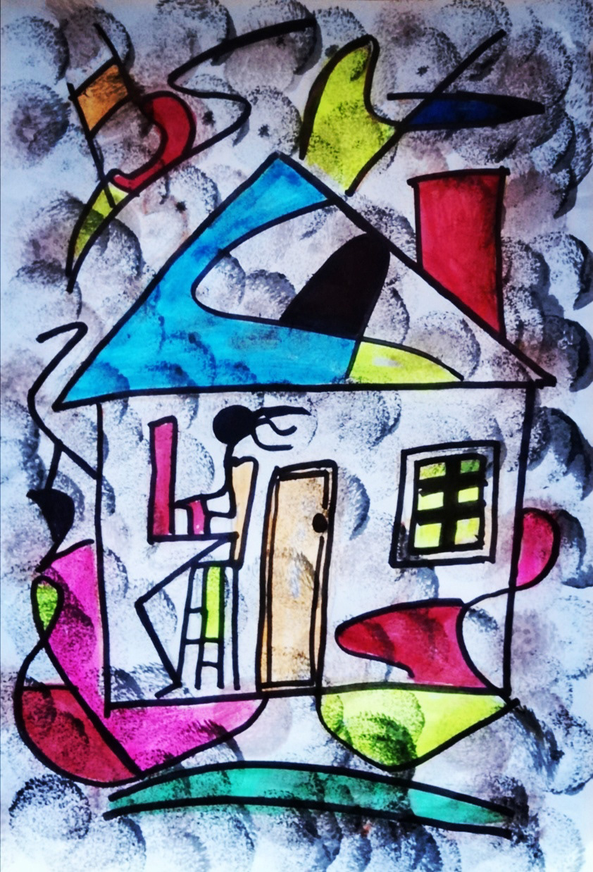 Working from home” mixed media on paper, 37.000 x 47.000 cm. Uchenna Odukwe www.ucheart.com