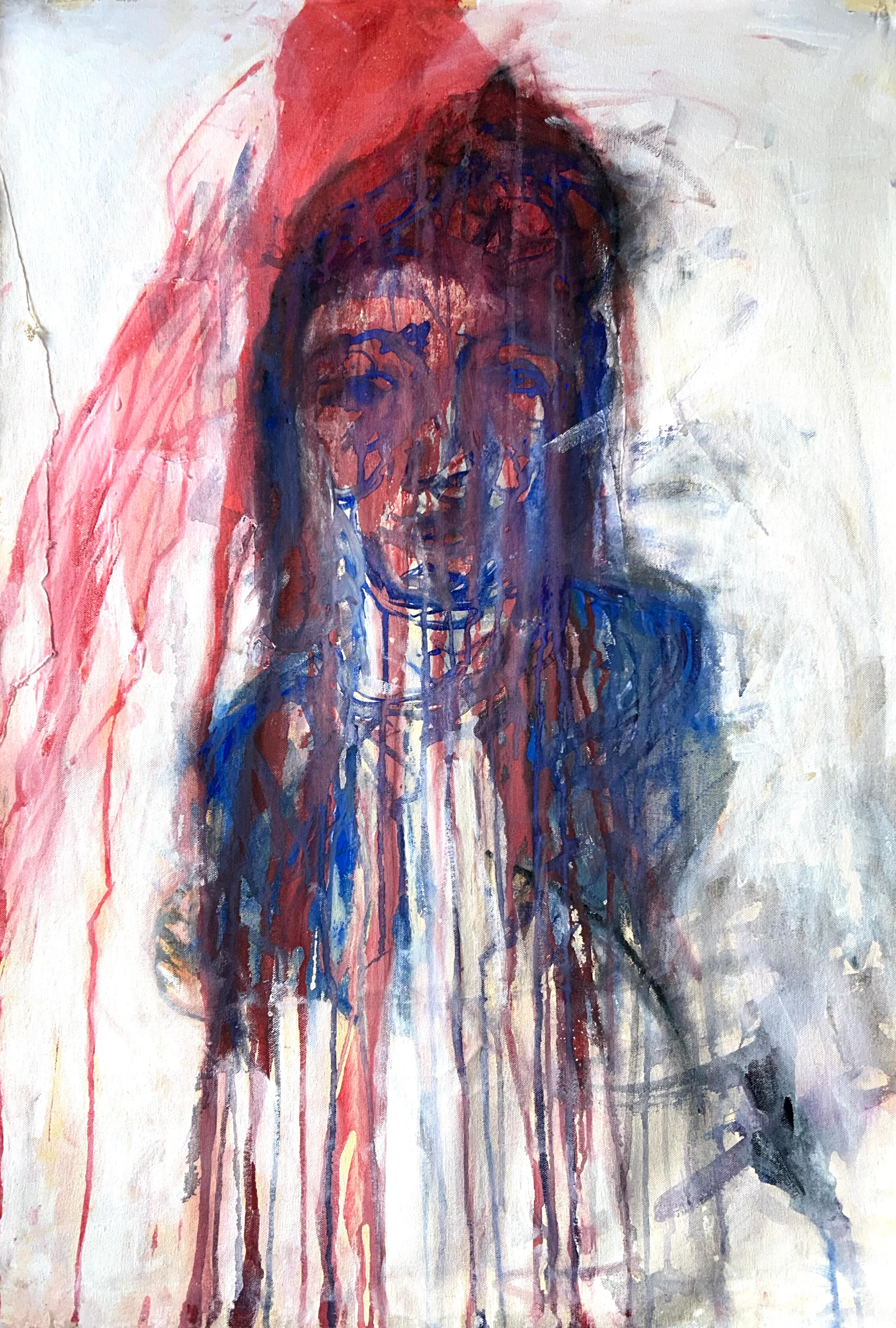 “Not Meeting My End” Edgington, mixed media on canvas sheet, 2026 “This began, and I thought ended, in 2022. I found this canvas painting a little while ago and I started working onto it again. In 2022 things had become very bad again, aha at my will I spent a few days in hospital. I left to be under the care of the, somewhat ironically named, home treatment team (they don’t come to your home). My relationship ended as soon as I arrived home too. Much of the next few weeks or months I don’t remember. I went to see HTT every couple of days, my mom came over a lot. I slept in the living room, I slept a lot. I barely did anything. How much time passed I don’t know. After a while I tried to paint again. Tried and failed. When I picked this back up recently it was just a bit of paint thrown on, a very vague face faded. Beginning to work over this, repurposing it, my face kept fading, maybe this is how I hide myself away, let my low self esteem limit me. But as I was coming to end I realised this painting is about something else, this painting is about something else I did. This painting is about 2013. 2013 cannot be worded, only given in vague imagery. It is not that the face is faded, but that you can still see the face”