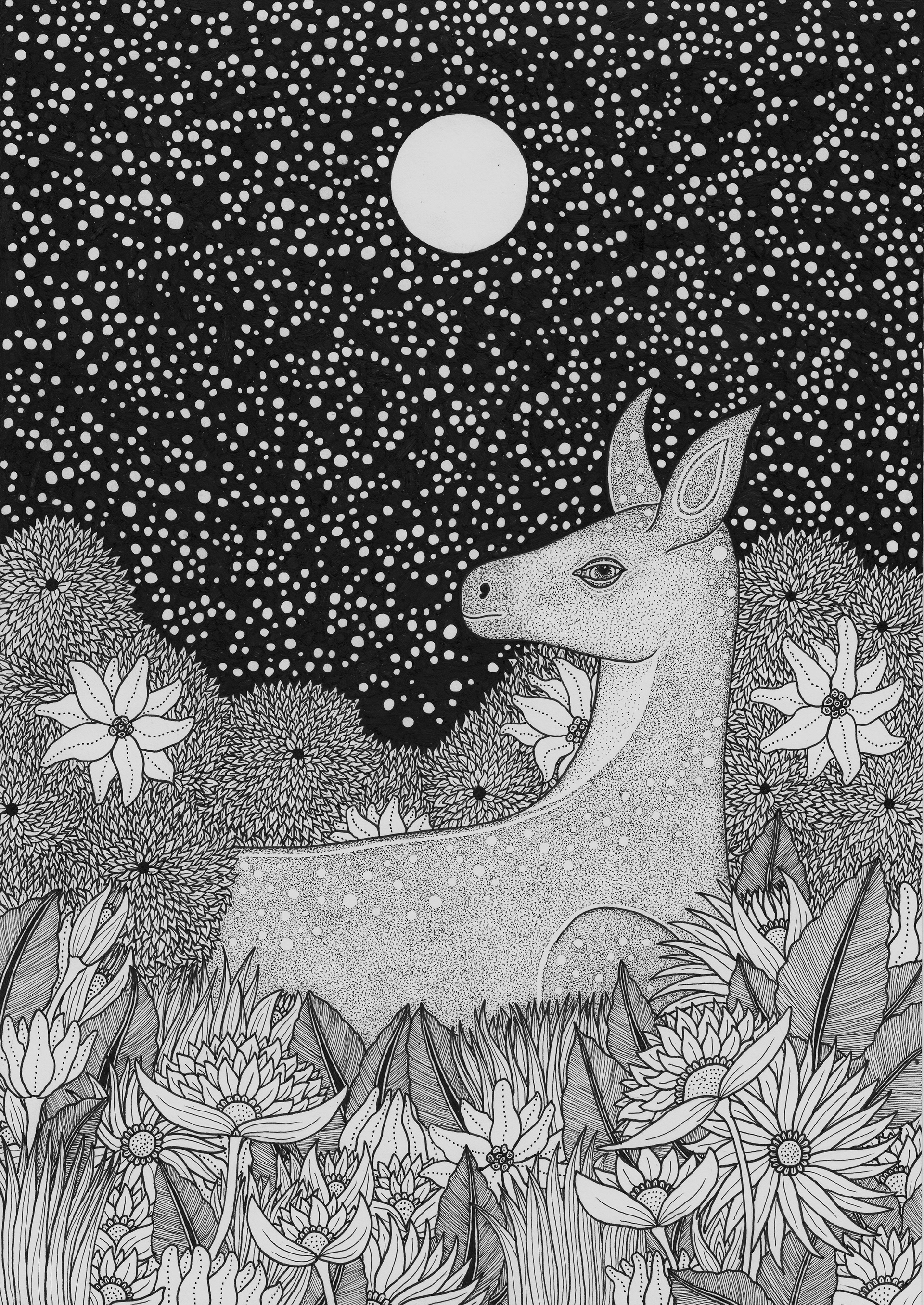 “Deer in Flowers” Rochelle Asquith, 2021 Fine Liner on Paper, 21 x 29.7 cm (A4)
