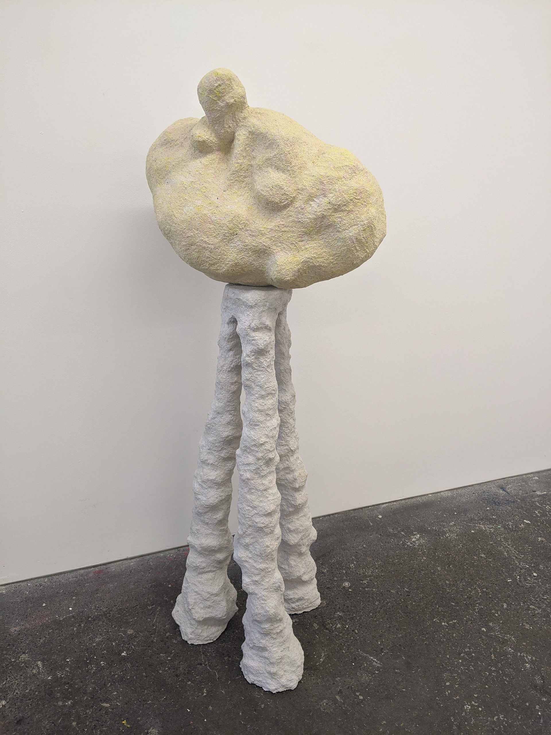 'wedged on wood' 2021, sculpture, 145 x 60 x 45cm approx Scarlett Hope-Gates scarletthopegates.wordpress.com @modernart.sohg wood, expanding foam, paper-pulp, pipe, plastic, paper mache, emulsion, varnish