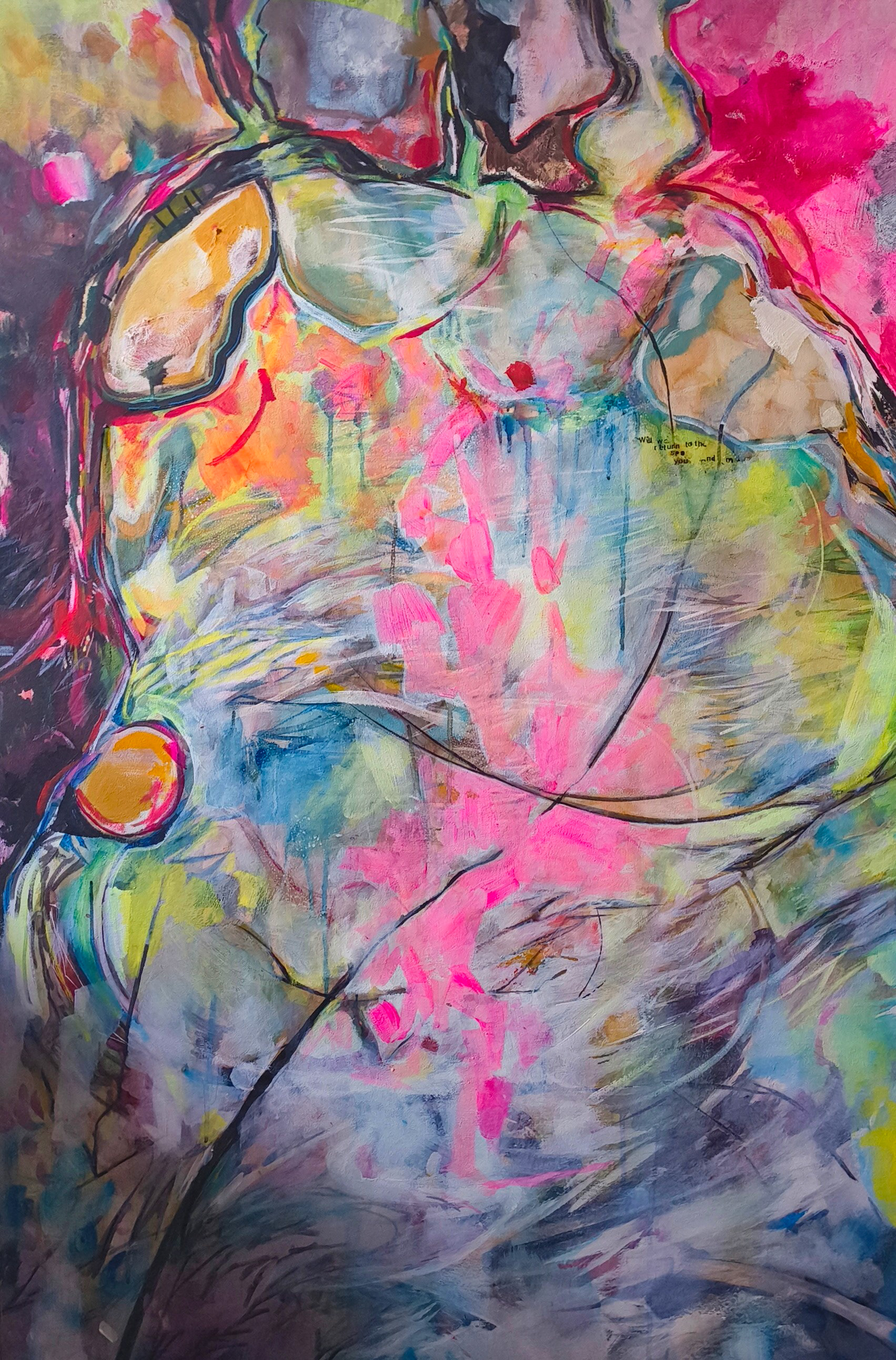 “To The Sea” Beth Barlow, Acrylic and Posca Pens on Canvas, 2025 “Part of my "Puddles" series of paintings which looks at how climate change and flood discombobulates us.” 