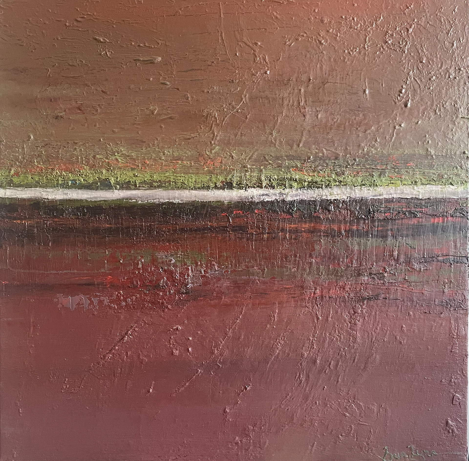 “Red/Green Horizon” Sue Lynn, 2021 Oil paint, 50 x 50 cm
