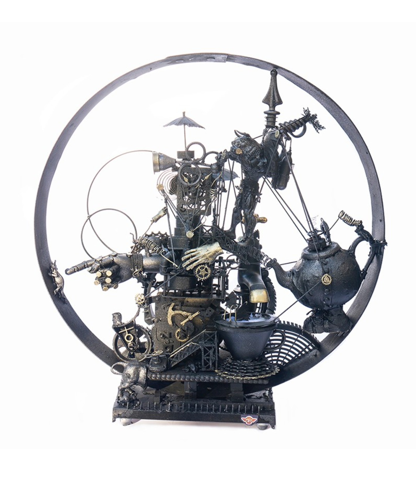“WINGED MINOTAUR XIX (19) - A PERILOUS JOURNEY - WITH TEA!” Andrew Stevens, sculpture, 2026 “Made totally with recycled and redundant bits including a broken tea pot and cup; old brass tap; wood offcuts; old toys; cycle gears and car engine parts etc. all frames by an old barrel hoop.” @andystevenssculpture