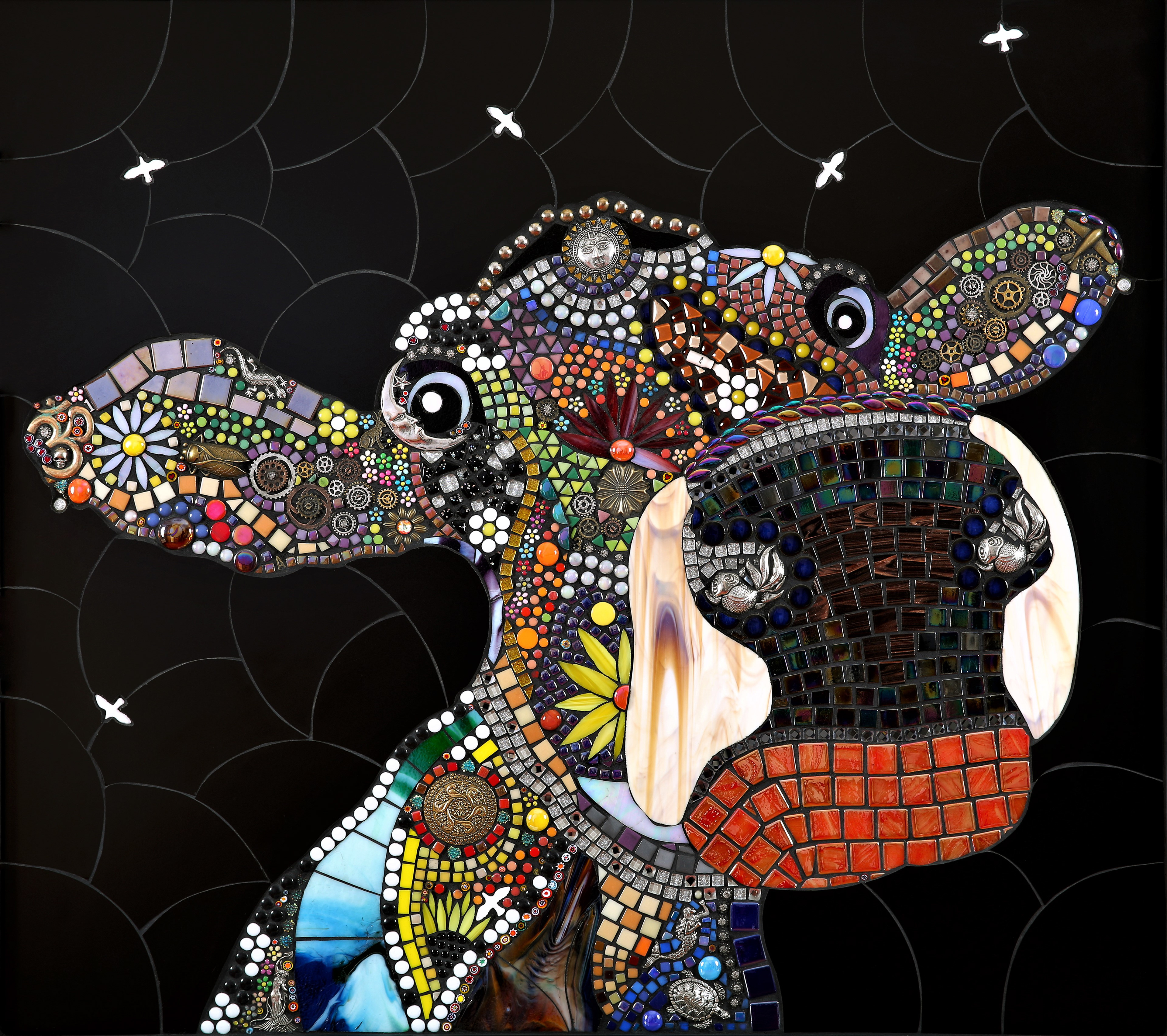 “The Cowntess of the County” Glass's, Ceramics, Jewels & Metalwork, 100cm W x 75cm H Tony Welch @tonywelchfineart The Cowntess of The County depicts the main elements from the Greek mythology tale of Persephone, this is expressed through the many signs & symbols created within her. In addition to this there are is also a wide range of other signs & symbols depicting life messages and meanings