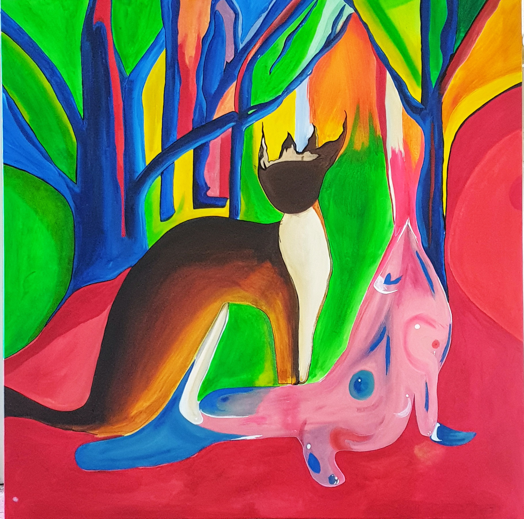 “Cat Gets the Crown” Jemma Channing, 2022 Acrylic and oil on canvas, 100 x 100 cm