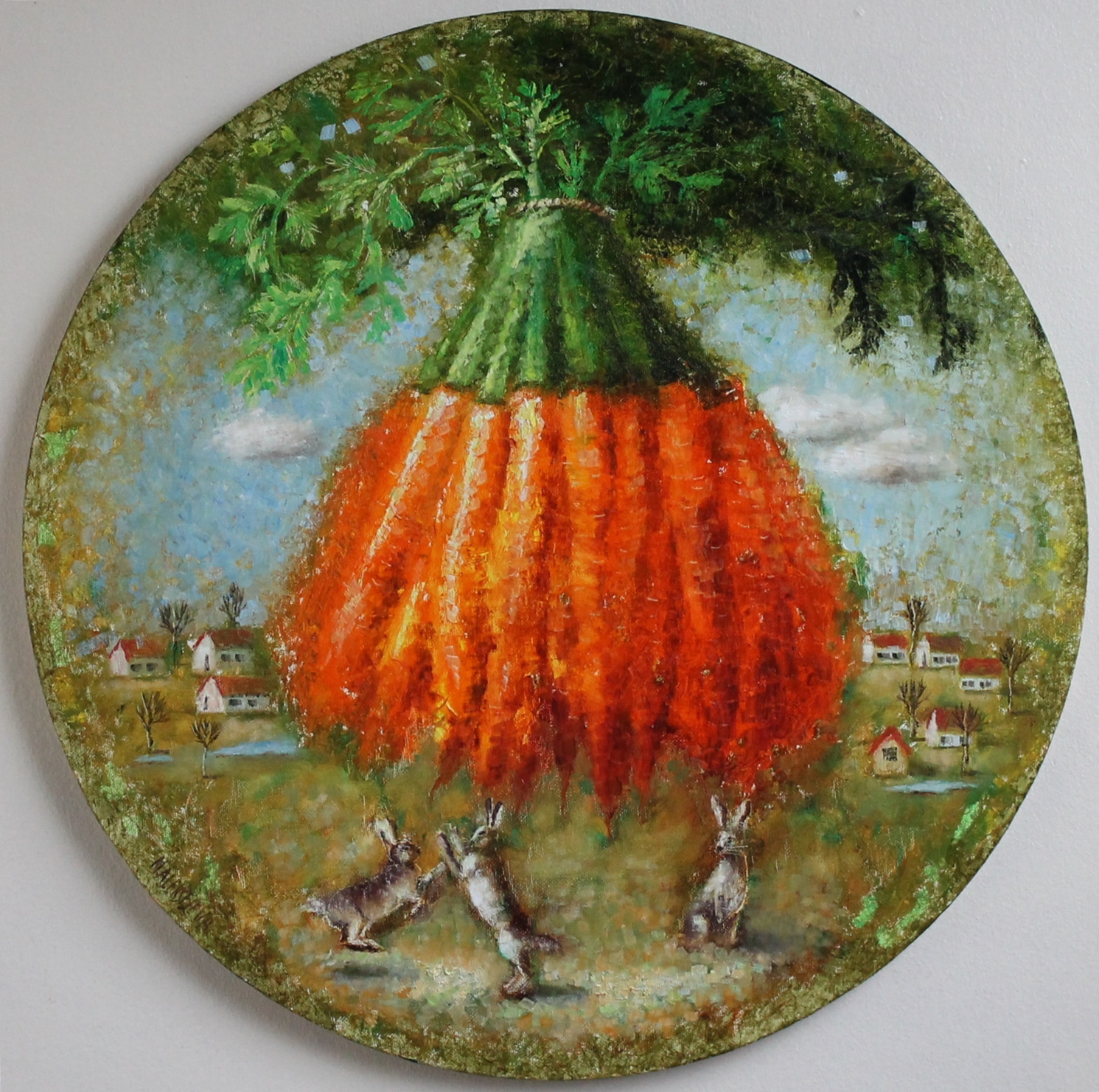 “Hare paradise” Natalie Aleksejeva, 2020 Oil on canvas, 20” Diameter