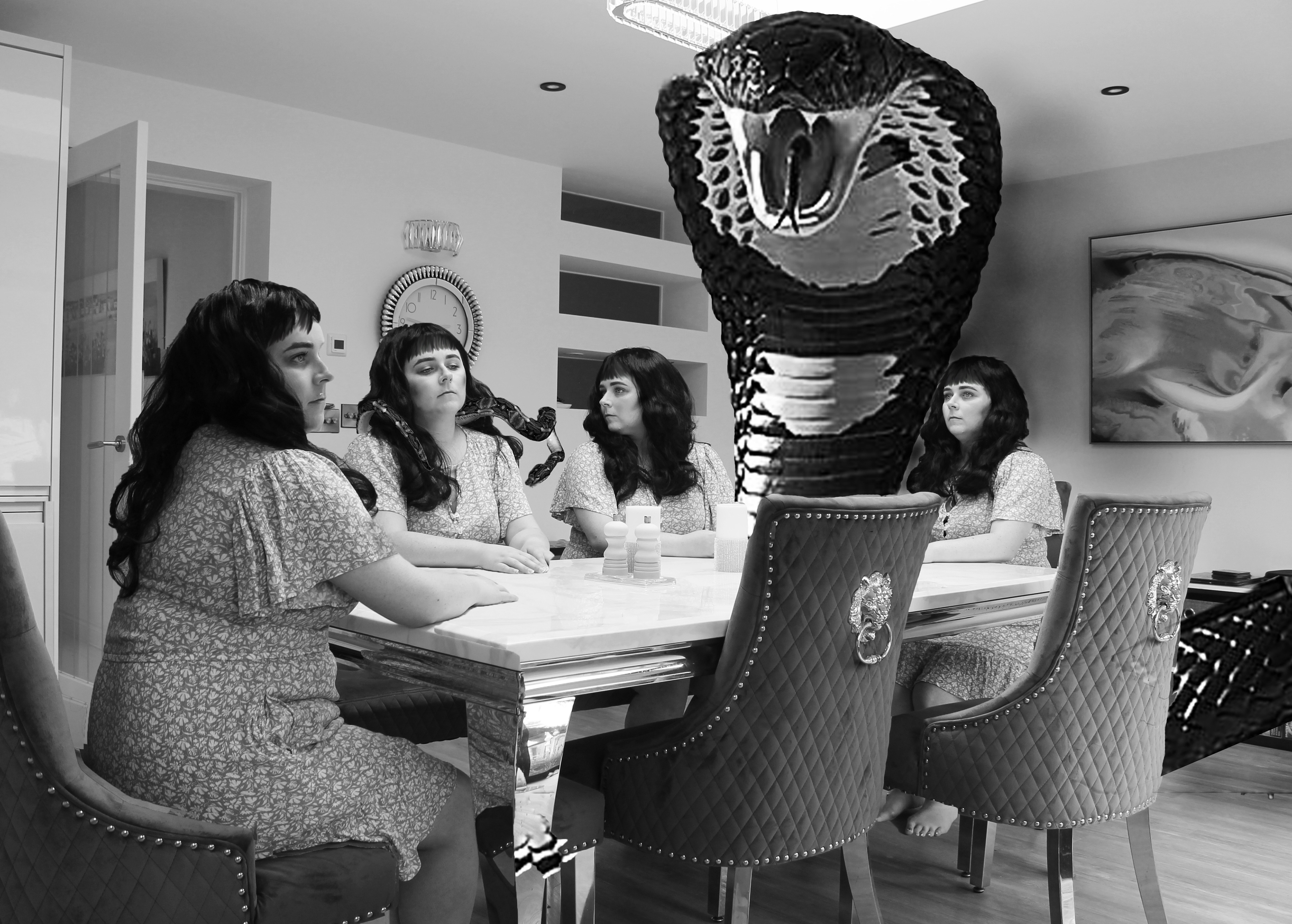 “The Last Supper” Emily Barratt, Photographic collage, 2025 “My work explores the notion of dreams and hallucinations, or scenarios that could represent either of these. This stems from a fascination I have with listening to people’s interpretations and recollections of their own dreams, and the bizarre inner workings of our subconscious. When we dream we have no control over what our minds choose to show us, and I like to play with this vulnerability. As my work has changed and developed, I have built upon a ‘character’ as a way of creating a protagonist which appears in nearly all the works, sometimes multiple times in the same print. This evokes ideas surrounding doppelgangers, identity and ambiguity.” www.emilyrbarratt.co.uk @emilybfineart 