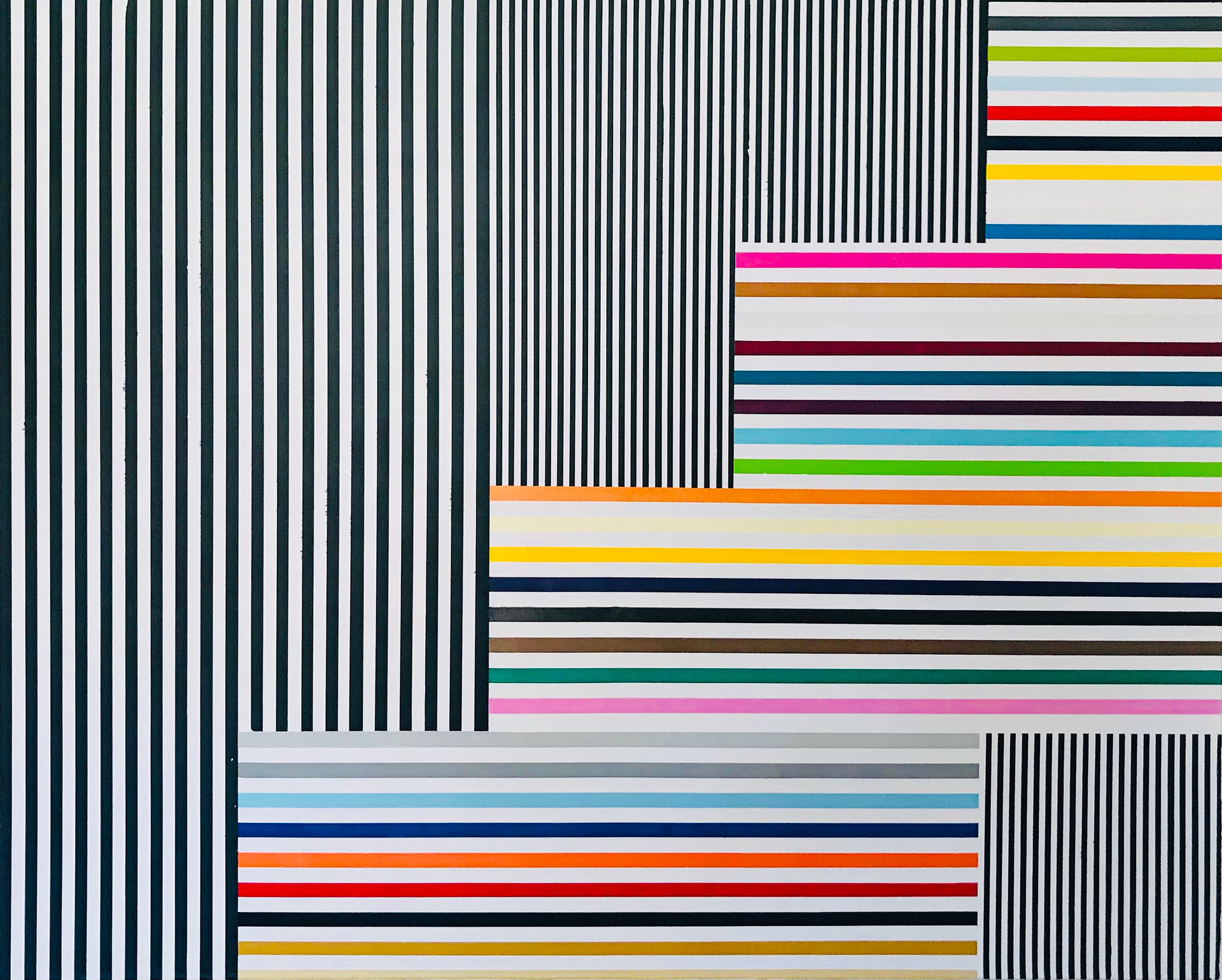 “UNTITLED-COLOUR RHAPSODY”, oil, 80 x 100cm Ashley Collin @ashleycollinartist I created the painting using a well developed painting methodology of oil, symmetry, pattern and focus, with strong influences of colour relationships. The movement through colour against the constant motif