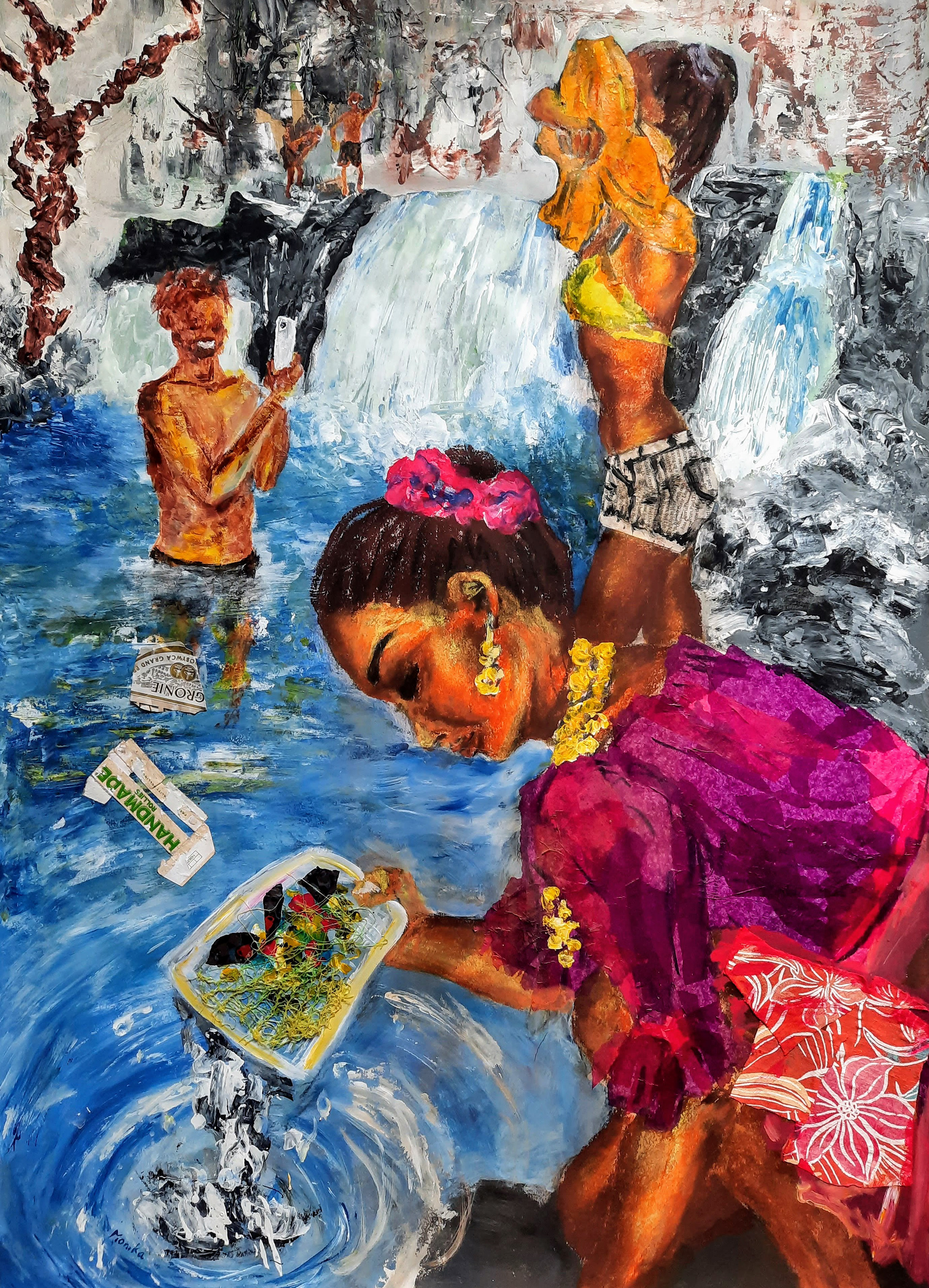“Water trends”, Acrylic, pastel, and collage on paper, 84 x 59 cm Monika Lorincova @monika_lorincova Mixed media painting highlighting the issue of water pollution. This painting portrays two female figures on the side of the river. One is taking off her clothes, getting all the attention, and having her picture taken symbolizing popularity. The other figure, fishing trash from the water, is being ignored by the rest, as her actions are not "trending"
