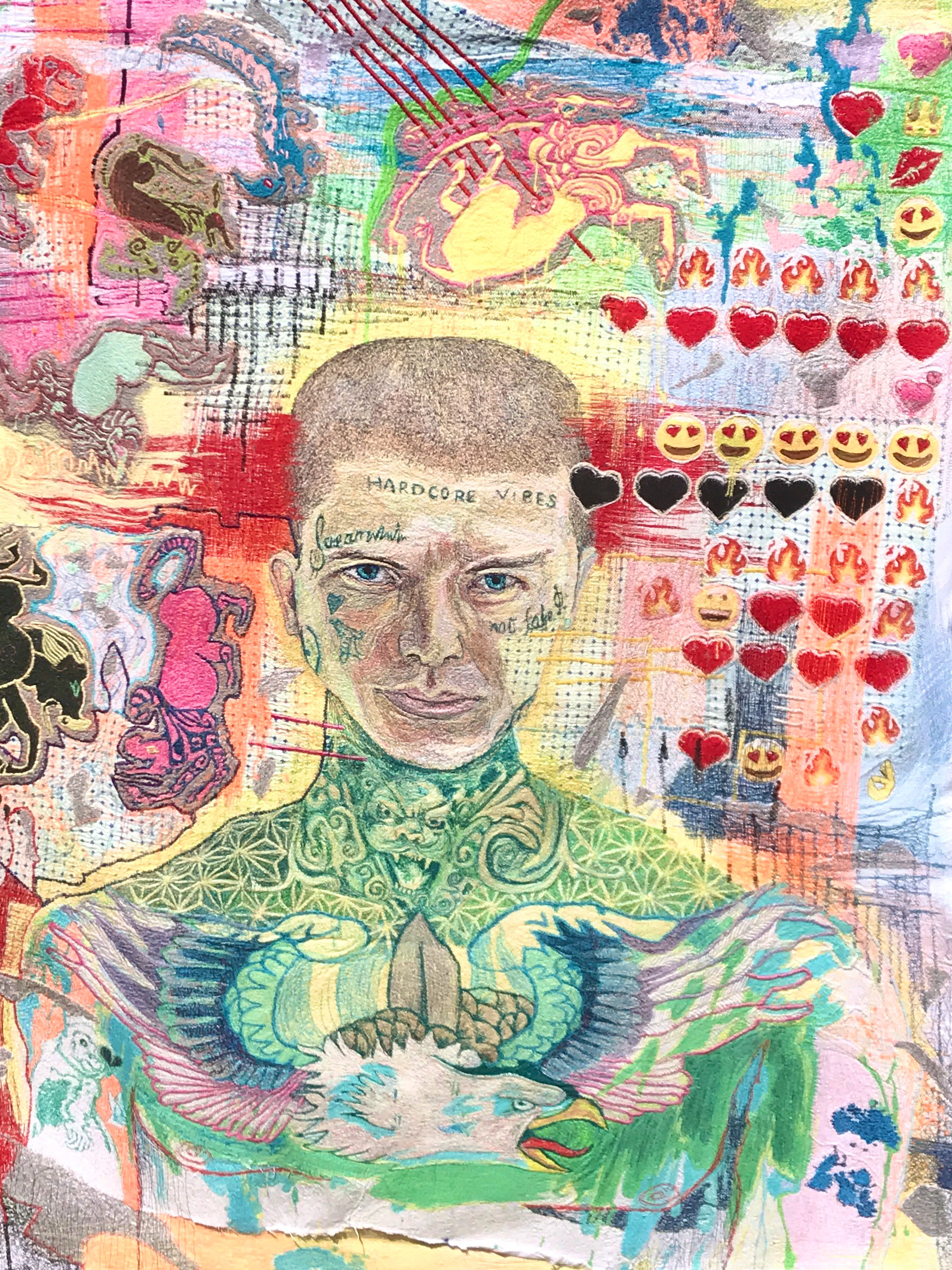 ‘’Hardcore Vibes’’, Oliver Bliss, textiles, 2020 Lockdown helped me spend roughly sixty-nine days producing this piece! (averaging about 5 hours per day). I use the traditional medium of textiles to create my work. I like that textiles have historically been used to assert identity. Depending on the material, the print and the texture; a viewer will read the materials in a certain context. This can lead to a judgement about a person’s identity. This has contributed to installing binary narratives distinguishing between something that is either masculine or feminine. I enjoy using textiles within my practice to reframe these visual symbols. I enjoy subverting binary narratives to explore gender, sexuality and identity. I have used a traditional medium of textiles to illustrate a portrait of a 'contemporary hero'. This hero is celebrated by the number of followers, their wealth and successful careers. I am aiming to raise questions about contemporary values and behaviours. There are more details about this piece on my website oliverbliss.blogspot.com @olybliss