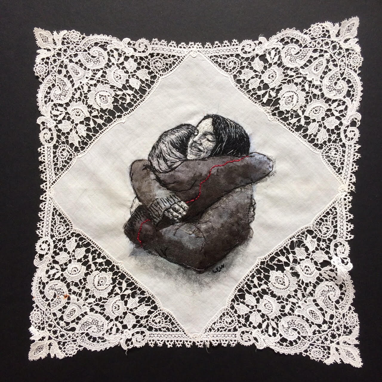 ‘’Together’’ Lesley Wood, 2020, Hand embroidery on a vintage handkerchief Social media: Instagram @l.wood100 Website: www.lesleywoodtextile.art