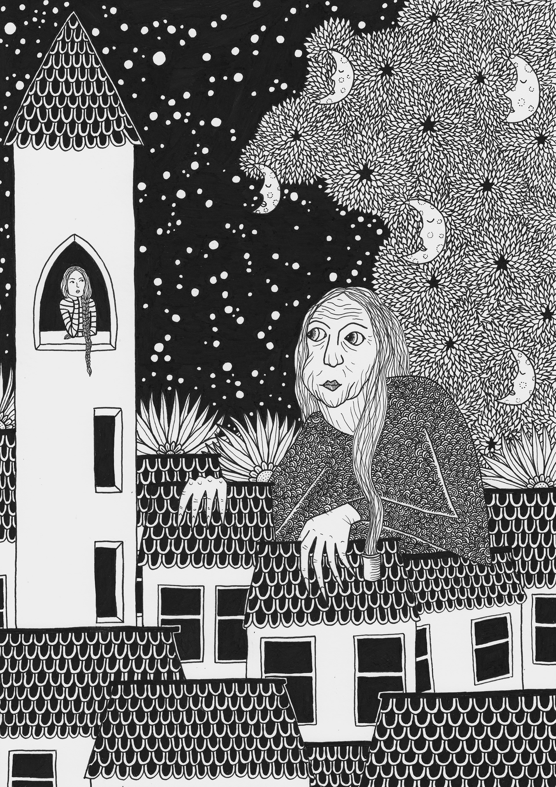 “Baba Yaga”, Pen on paper, 21 x 29.7 cm (A4) Rochelle Asquith @rochelleasquith A4, 21cm x 29.7cm, pen on paper, 2021. This work is part of a series inspired by fairy tales, with this one in particular being inspired by the character "Baba Yaga". As with all retellings of fairy tales, I've changed the narrative slightly with this piece, as Baba Yaga is usually scary and horrifying, but here she appears more gentle, and the person she's approaching isn't terrified of her at all.