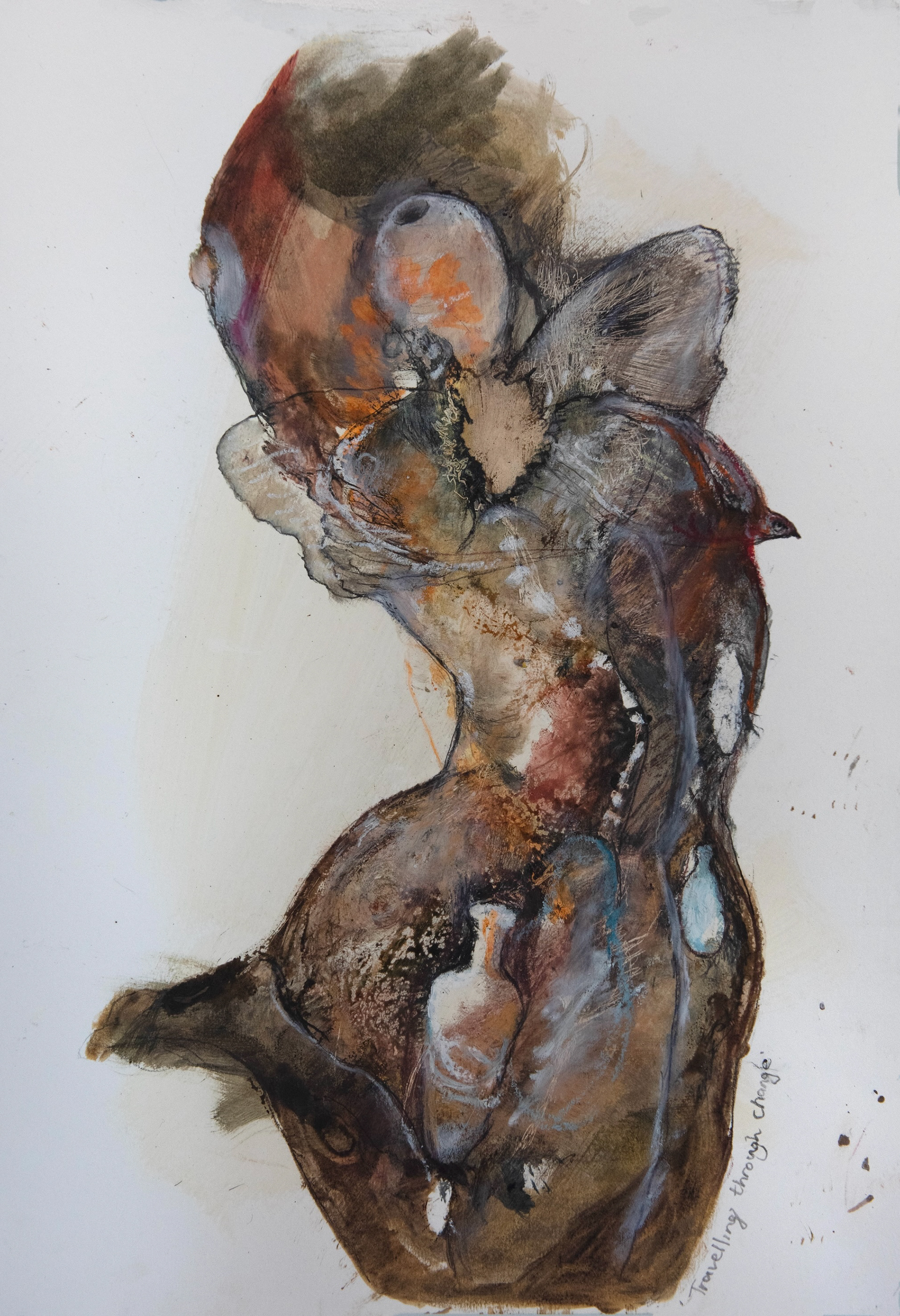 “Standing Strong & Traving Through Change” Kathy Wray, Ink, Paster and Wax on Paper, 2026 “Standing Strong - is about transformation through challenges within life and cycles of life, by allowing and having faith to trust and be strong that things pass naturally without trying to hard to avoid or change anything. Travelling Through Change - is an expression of what we carry and hold within the body with awareness and our spiritual paths of direction” https://linktr.ee/kathywrayartist