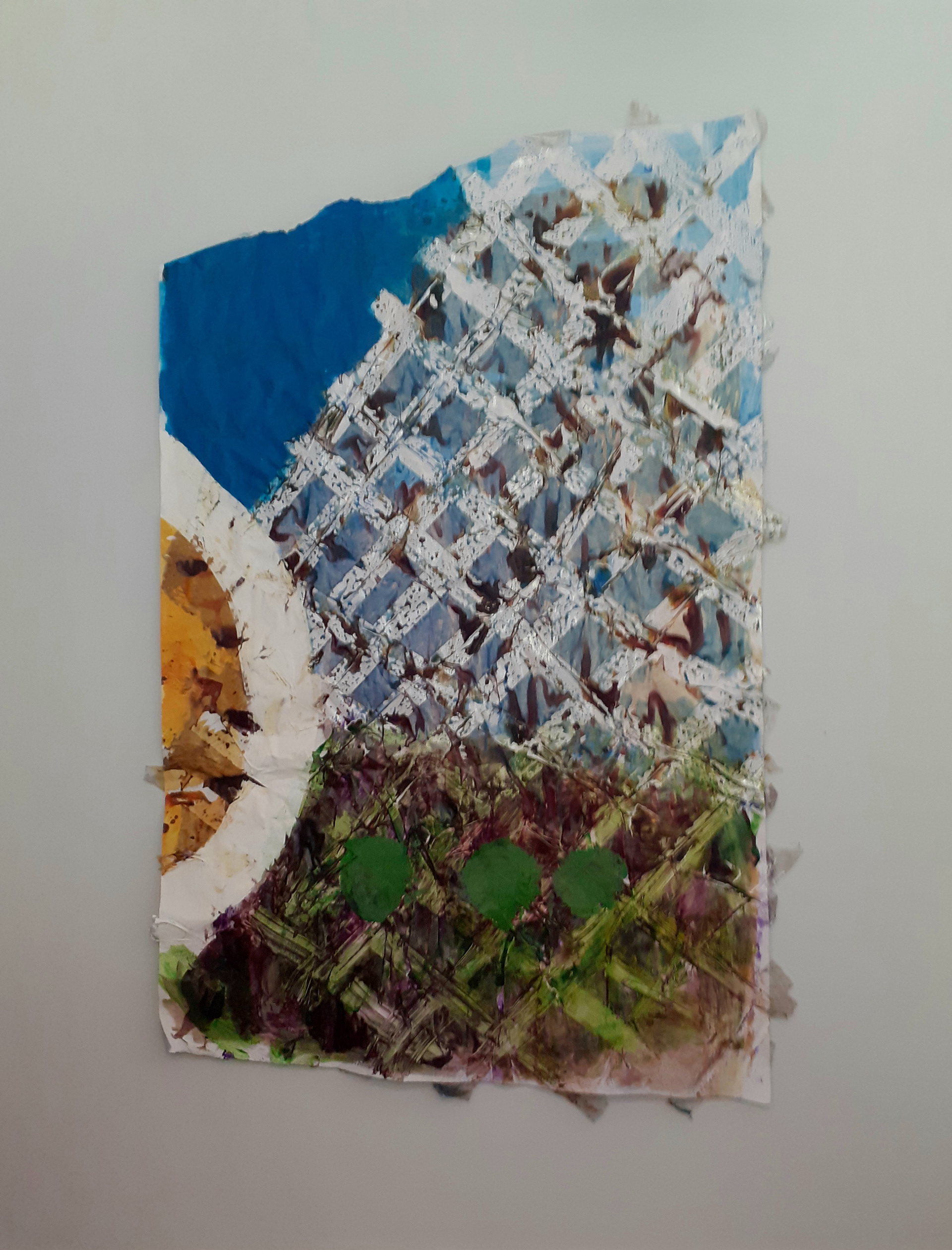 “Untitled”, Acrylic, pigment, packing tape & graffiti paper, H160cm x W99cm Will Rogers I put paint on and draw with paper. In the past I have folded it, creased it, ripped it, stained it, printed on it, drawn on it and now I am painting on it flat on the floor. On the floor I can reach across it, walk on it and walk around it applying paint and viewing the drawing. The type and quality of paper is crucial as it determines how the paint flows and dries, buckles, and rips. Of course, there is a top and a bottom.