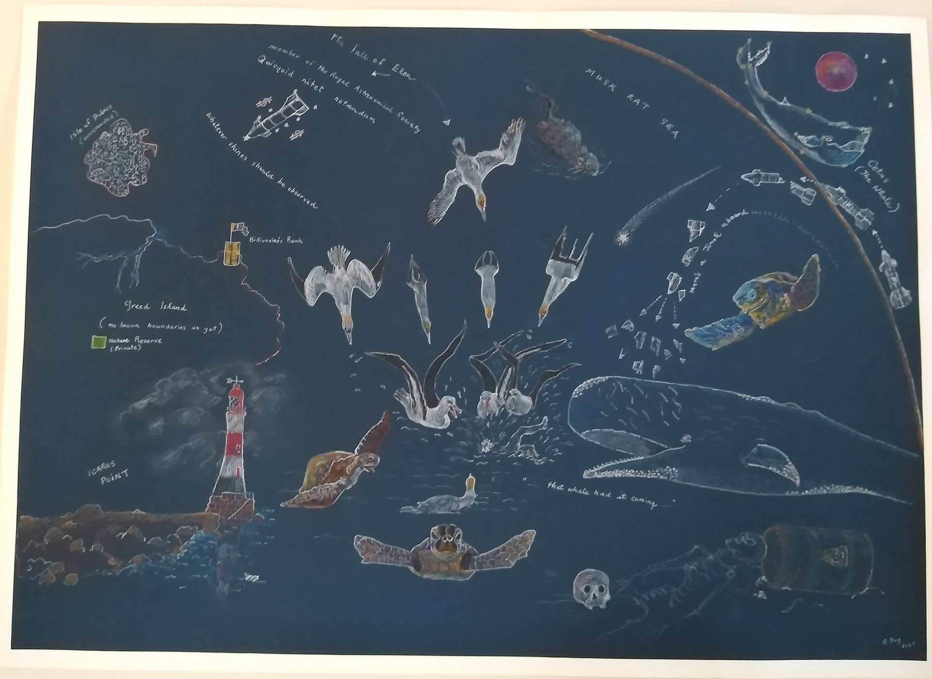 “The Fall of Elon” Gen Doy, pencil and ink on coloured paper, 2025 “A contemporary update of the myth of the Fall of Icarus, we see one of Elon Musk's rocket's breaking up and falling into the sea, while Musk himself is seen as just a leg protruding from the water, evidence of his fall. Sea creatures and birds flock to see if this new arrival is worth their interest, or even worth eating. Musk reacted to criticism that his breaking spacecraft might harm sea creatures after they fell into a protected marine area, stating that if a whale were to be killed that whale had it coming. The drawing shows the sky and the ocean and the island of Hubris.” https://www.gendoy.com @pepedoy https://www.instagram.com/pepedoy/ 