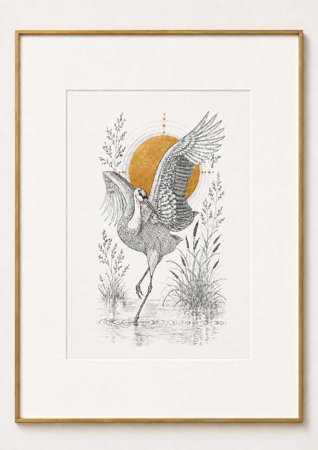 “Ascension” Julie Baum, Pencil and archival ink pen with gold leaf accents on canvas sheet, 2026 “A crane emerges from still waters with wings fully extended, poised between earth and sky. Through intricate linework and luminous gold leaf, Julie Baum explores the duality of grounding and freedom, presenting the crane as a symbol of resilience, transformation, and spiritual elevation. Ascension captures the universal desire to rise beyond limitation while remaining rooted in one's origins.” sites.google.com/view/juliebaum/home 