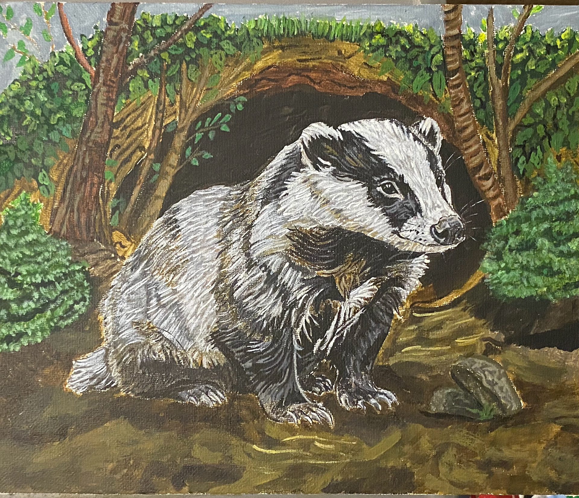 “Gentle Spirits of the Old Woods” Dannii Gribbin- Get Set Paint, Acrylic, 2026 “Badgers have lived in our ancient woodlands for thousands of years – quiet, peaceful creatures, gentle by nature and true guardians of the land. I painted this piece because I was shocked and deeply saddened to learn that badger baiting still happens today; a cruel, illegal practice that continues to threaten these animals in the very places they call home.This painting is a reminder of their innocence, their right to safety, and their place in the wild. They are not targets – they are the gentle spirits of the old woods, and they deserve nothing but respect, protection, and peace.”