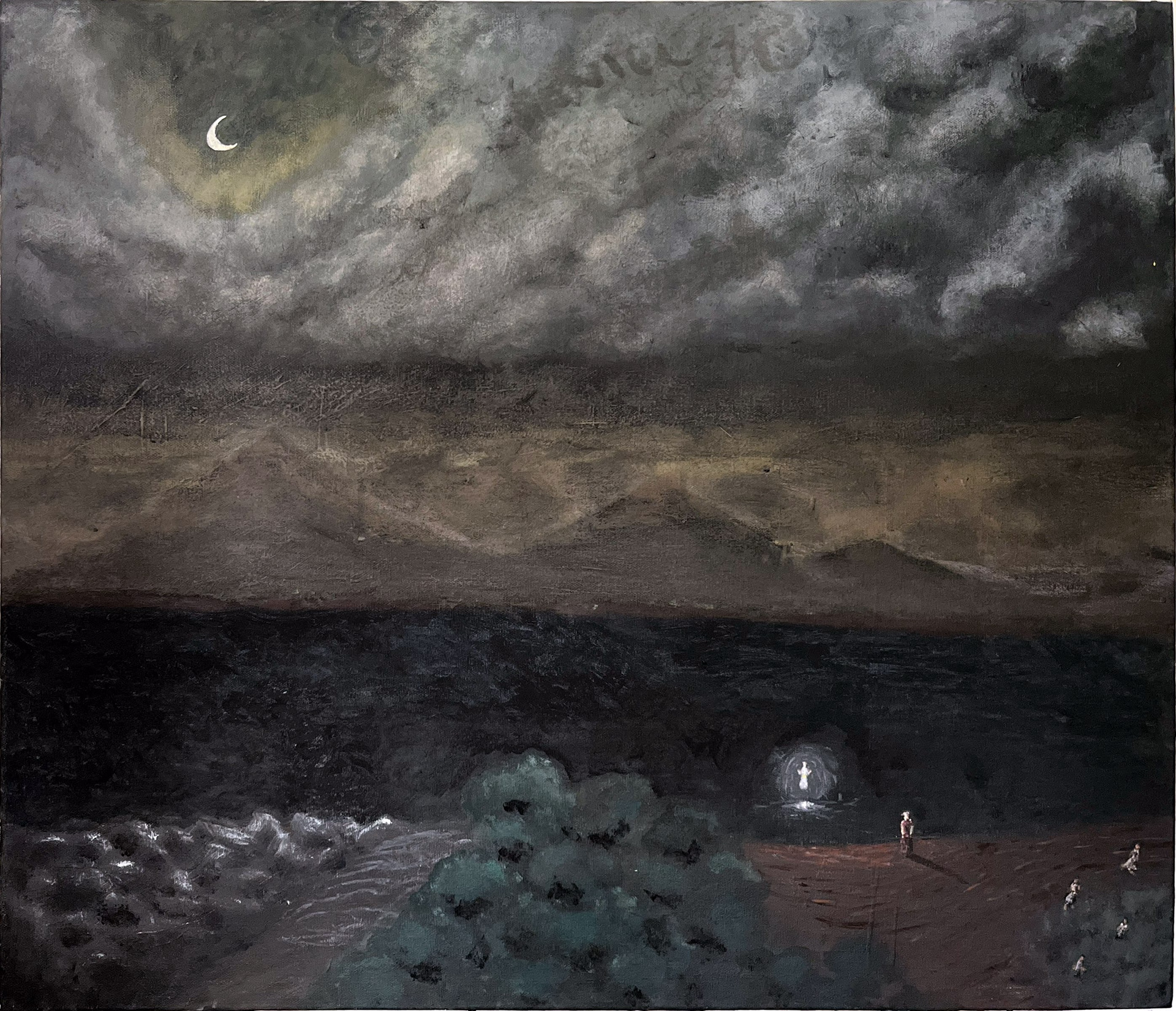 “Daniel’s Vision at the Tigris River” Vincent Baltazar Paa, Acrylic on canvas, 2026  This painting depicts Daniel 10 in the Bible. “On the twenty-fourth day of the first month, as I was standing on the bank of the great river, the Tigris, I looked up and there before me was a man dressed in linen, with a belt of fine gold from Uphaz around his waist. His body was like topaz, his face like lightning, his eyes like flaming torches, his arms and legs like the gleam of burnished bronze, and his voice like the sound of a multitude. I, Daniel, was the only one who saw the vision; those who were with me did not see it, but such terror overwhelmed them that they fled and hid themselves. So I was left alone, gazing at this great vision; I had no strength left, my face turned deathly pale and I was helpless. Then I heard him speaking, and as I listened to him, I fell into a deep sleep, my face to the ground.”  www.vbpaa.uk