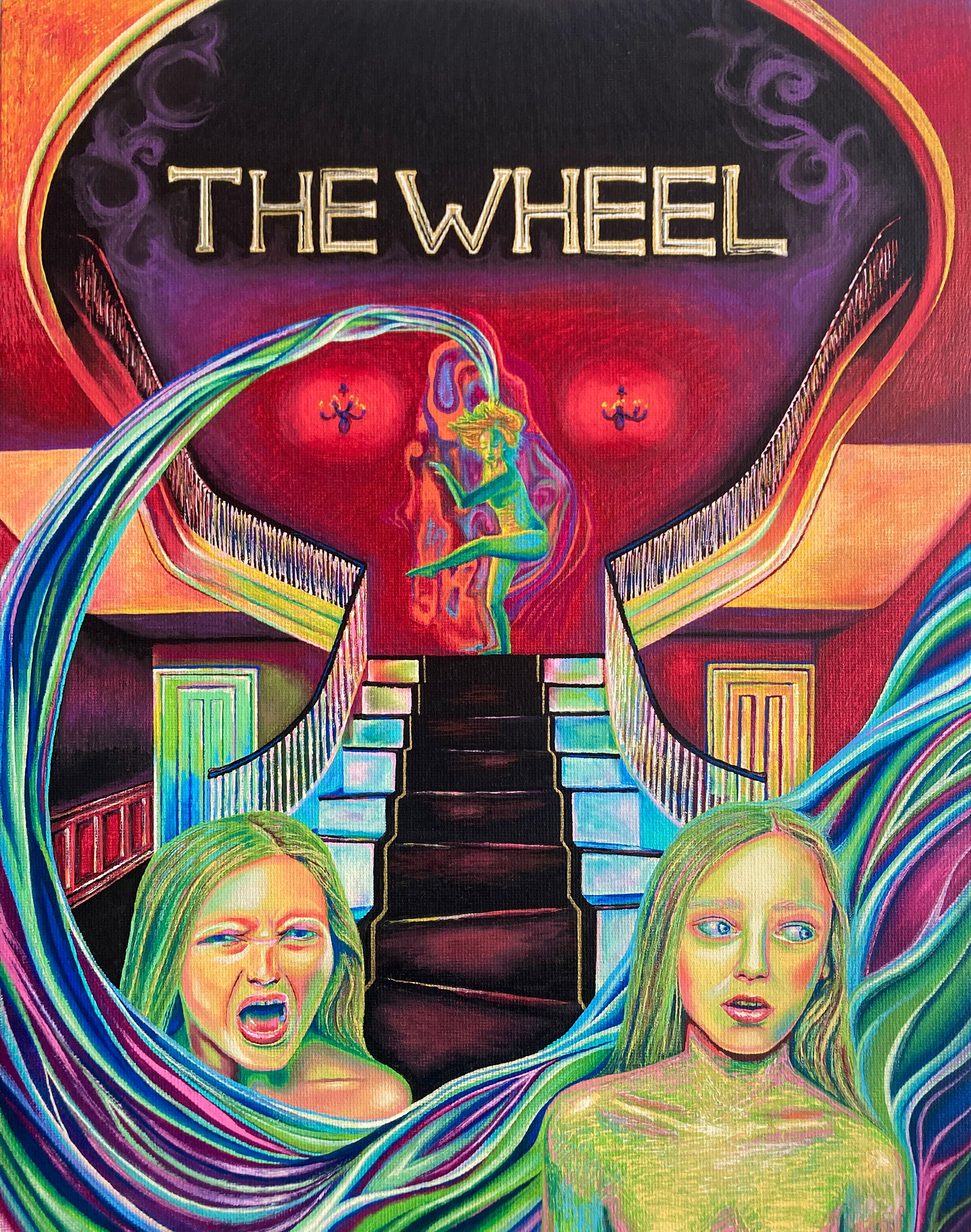 The Wheel - Fate’s Ballroom (acrylic on 11×14″ canvas panel) Tazzy Moon  This painting belongs to The Veiled Court, an acrylic series reimagining the Major Arcana as ethereal, feminine figures inhabiting a palace of the psyche.  The Wheel sits in Act 2.2, Deeper Within: the ballroom is at the palace’s core - it is the engine the structure turns around.  Atop a crooked staircase, a dancer wields fabric that encircles the room - consuming one figure who screams below, and drifting behind another who watches, wide-eyed.  The dancer is Fate.   The painting asks what it means to be subject to forces larger than the self, and whether awareness of those forces is a form of freedom - or simply a clearer view of the mechanism.  @tazzy_moon /// website: www.tazzymoon.com 