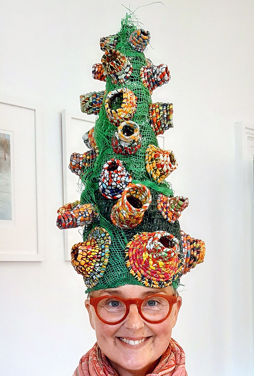‘’ Art Hat no 1’’, Lynne Chapman, sculptural textiles, 2020 ‘’I began working with plastic waste in 2019, when I realise that most of what we think we are recycling, still gets either incinerated or dumped in the developing world. The artwork serves as a statement against single-use plastics, but also, the act of collecting materials to work with, raises my own awareness about the volume of waste I produce. I work a lot with plastic carrier bags, transforming these and other dull or ugly, everyday items into ambiguous and beautiful forms, 'locking' the waste into the artwork. In October this year, I began creating 'art hats'. They are created by stitching plastic on to a wire frame. This one made from plastic carrier bags and plastic veg sacks, secured with embroidery threads.’’ www.lynnechapmantextiles.co.uk