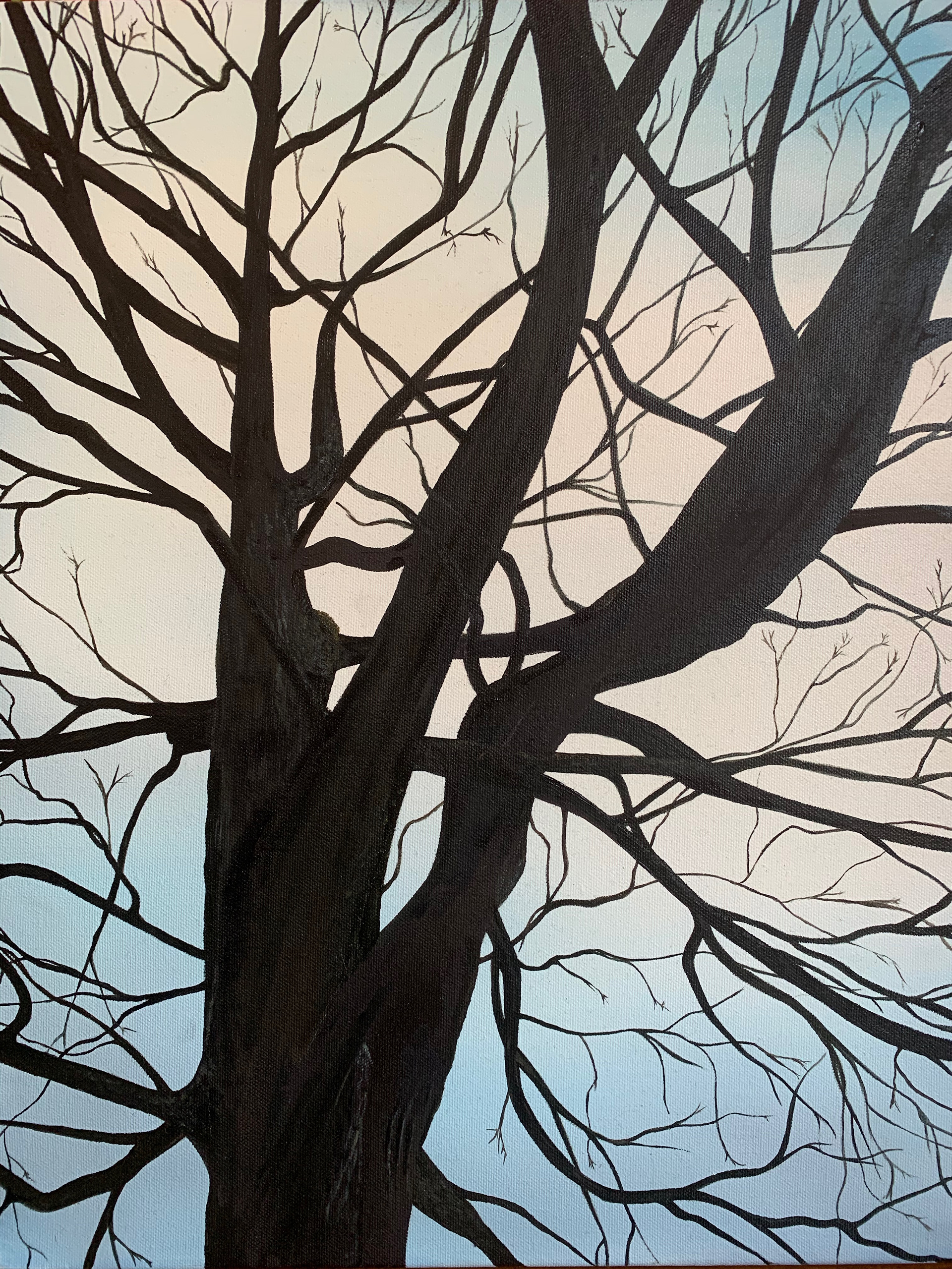 ‘’ Branches’’ Laura Carey, oil on canvas, 2020 “Whilst out walking in Hampstead Heath in January, I became very aware of the bare trees and the subdued blue/ grey sky. An interest in representation of emotions and feelings through nature has become quite prominent in my work in recent years. I find connections between the environment and the ‘human condition’ fascinating, and that moment when we observe something and connect to a feeling, thought or memory within us. This tree sparked a sense a longing for me. The silhouette of the tree against the lighter sky background I thought showed the conflict of wanting something; that darkness against the light, with the branches representing the way we grapple to get at what we want.” @lcareyart