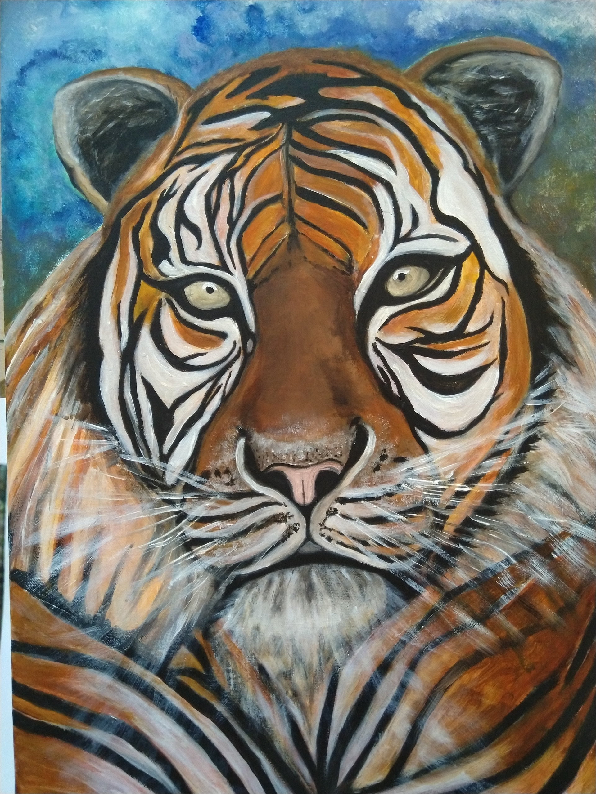 “'Dignity' - The Tiger”, Acylic on canvas, 59 x 42 x 2 cms, unframed Anjana Dey-Clark @anjanadeyclarkart I painted this picture of a tiger in acrylic because I think the strong, bold colours – which are a feature of this paint medium – depicts this strong, bold animal the best. This painting holds a very special place in my heart. As a child from West Bengal in India, I visited the sanctuary where these magnificent creatures live in natural surroundings, protected from harm. and was mesmerized by them from the beginning. I painted this picture now because a tiger symbolises many things that I would like to develop in my life such as willpower, courage, strength, determination, and independence. Tigers are fiery, fearsome, and adventurous. I named him ‘Dignity’ because I think that the way he looks down through the canvas at us, the viewers, gives him a kind of haughty, proud appearance which is dignified and awe-inspiring.