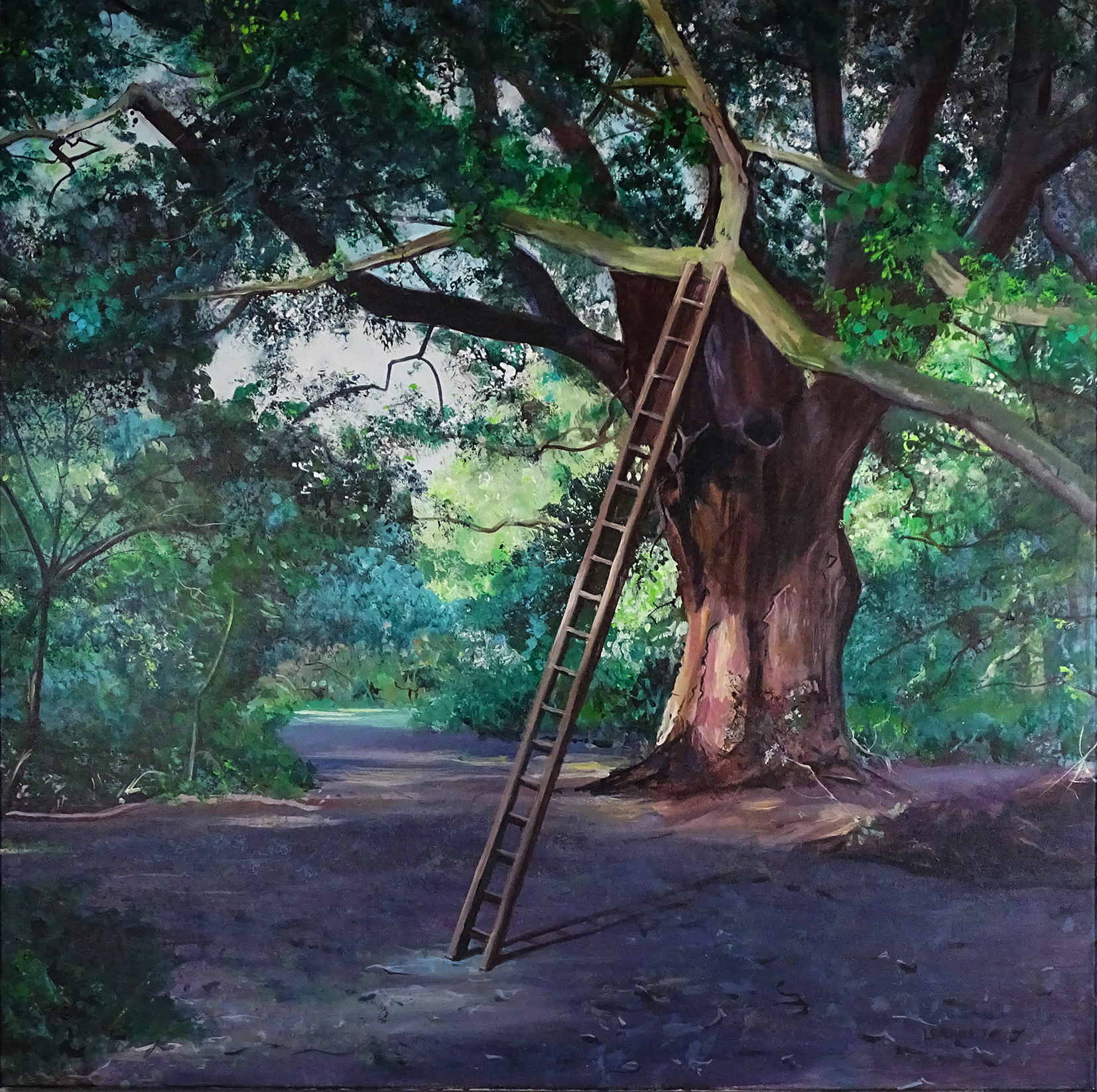 ‘’ The Clearing’’ Larain Briggs, Acrylic, 2020 Created as part of collaborative work with Jamie Limond who will be working with this painting to add another dimension. The composition was created through photographs and discussion to illustrate the theme of Heidegger's 'concept of Aletheia and the nature of 'transience'. When possible the whole work will become part of an exhibition/installation.